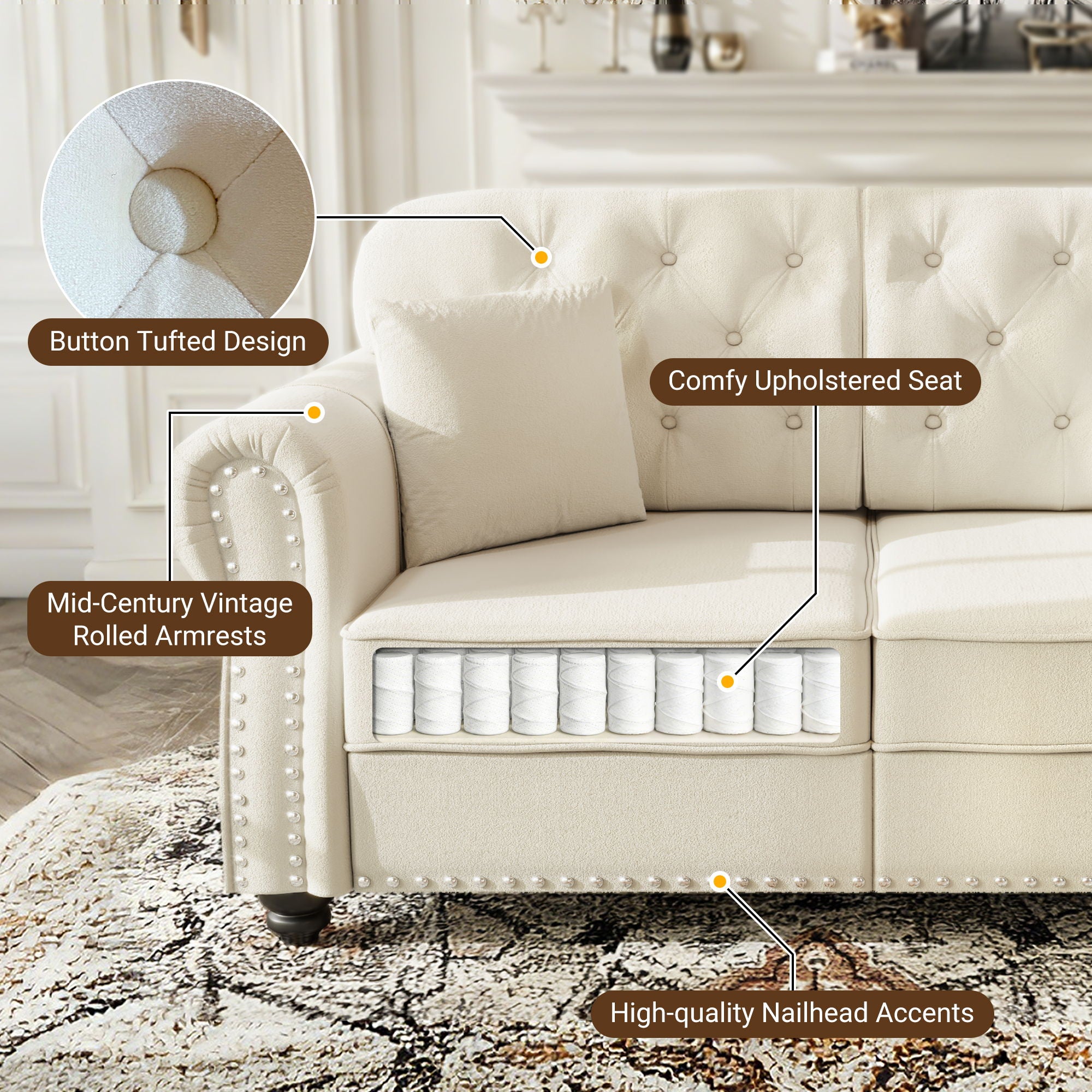 Upholstered Sofa Set With Nailhead Trim And Rolled Armrests, Includes Pillows