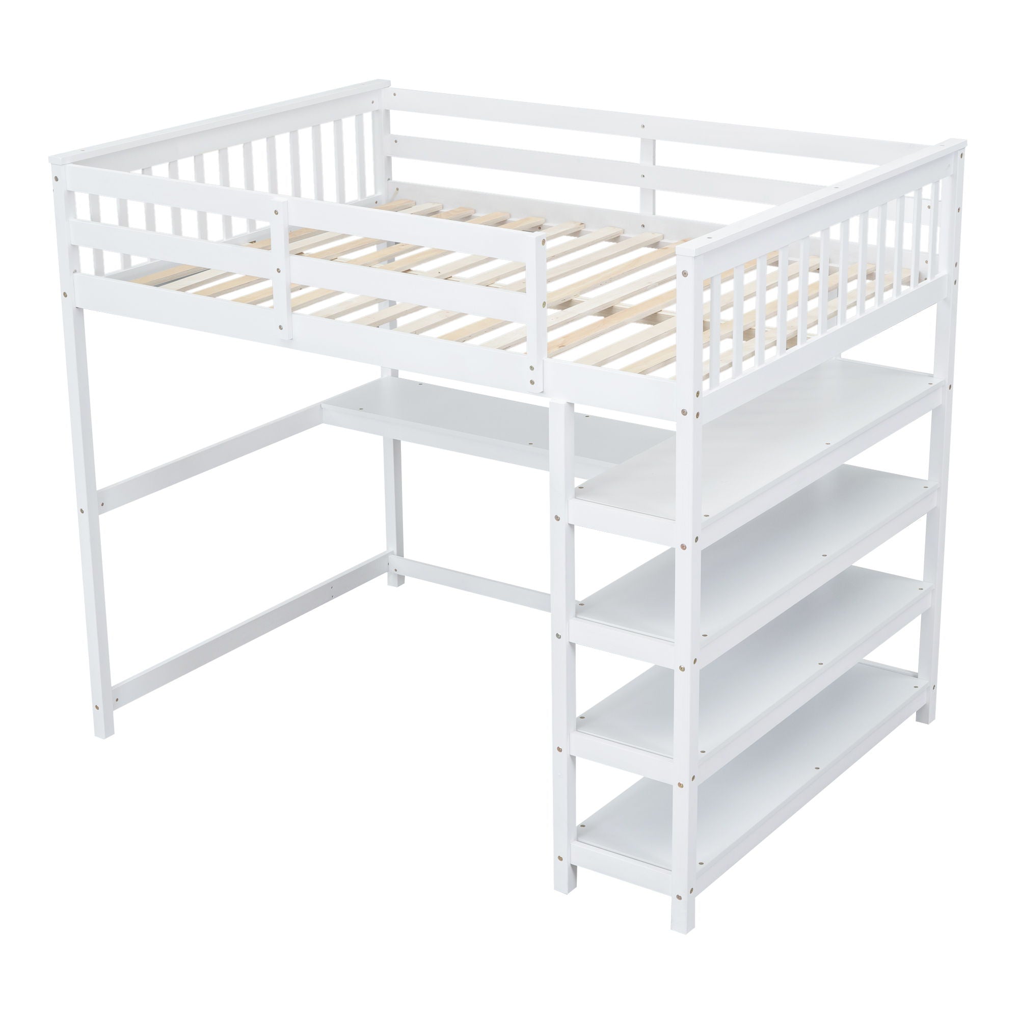 Loft Bed With Storage Shelves And Under Bed Desk
