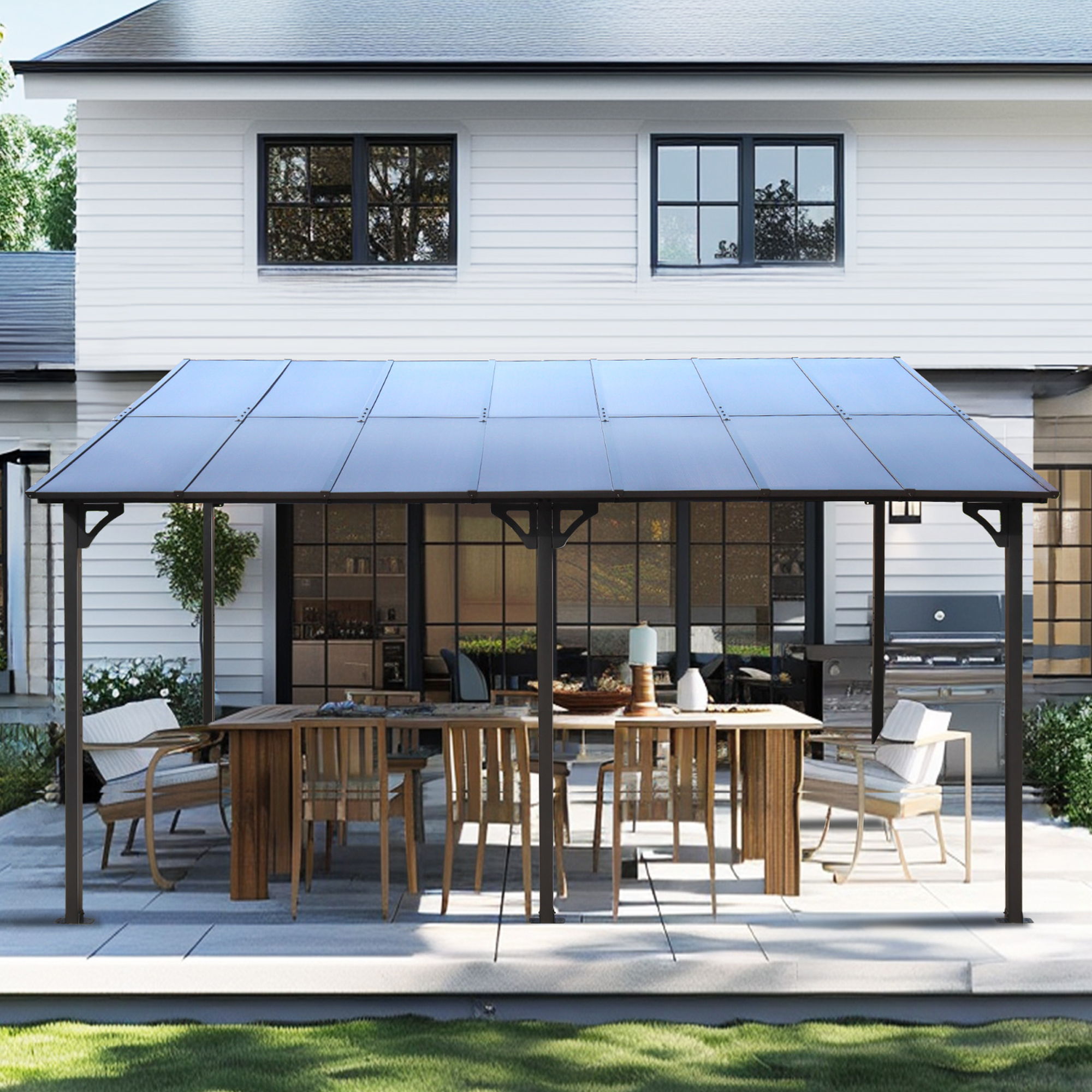Wall Mounted Outdoor Pergola Gazebo, Heavy Duty Metal Awning With Roof