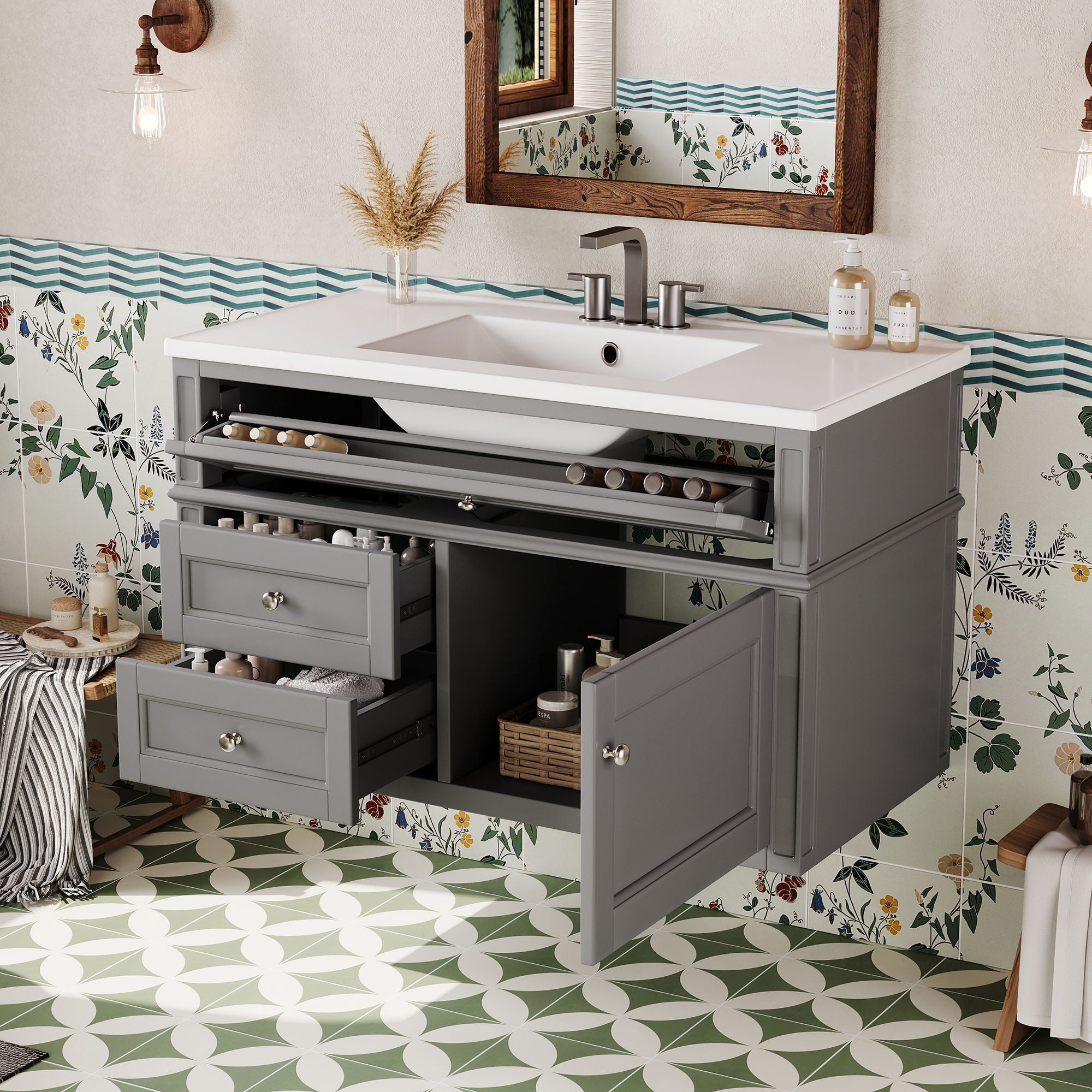 Modern Wall Mounted Floating Cabinet With Double Drawer And Sink