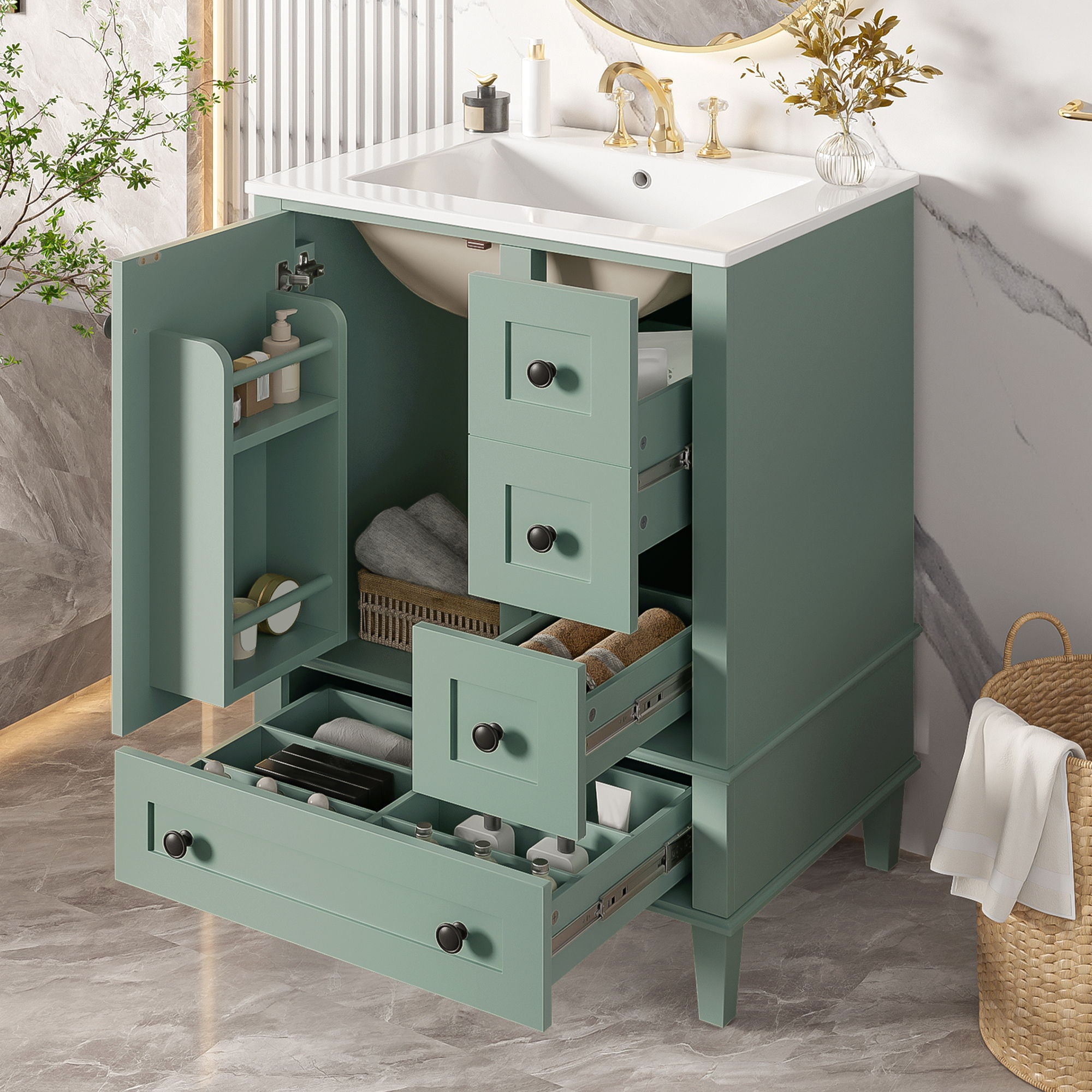Bathroom Vanity With Integrated Basin, Soft Close Drawers, Door Mounted Double Layer Shelf