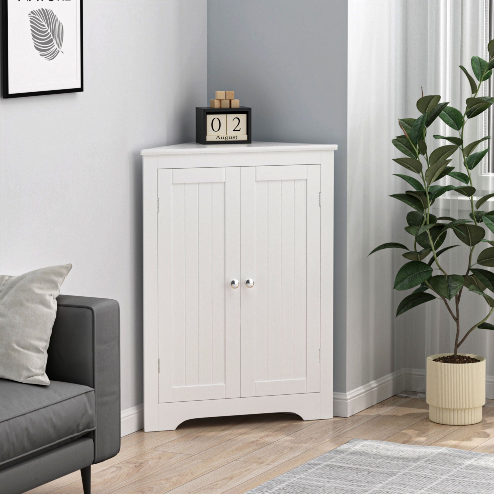 Corner Cabinet With 2 Doors And Adjustable Shelves, Freestanding Narrow Storage Organizer For Bathroom - White