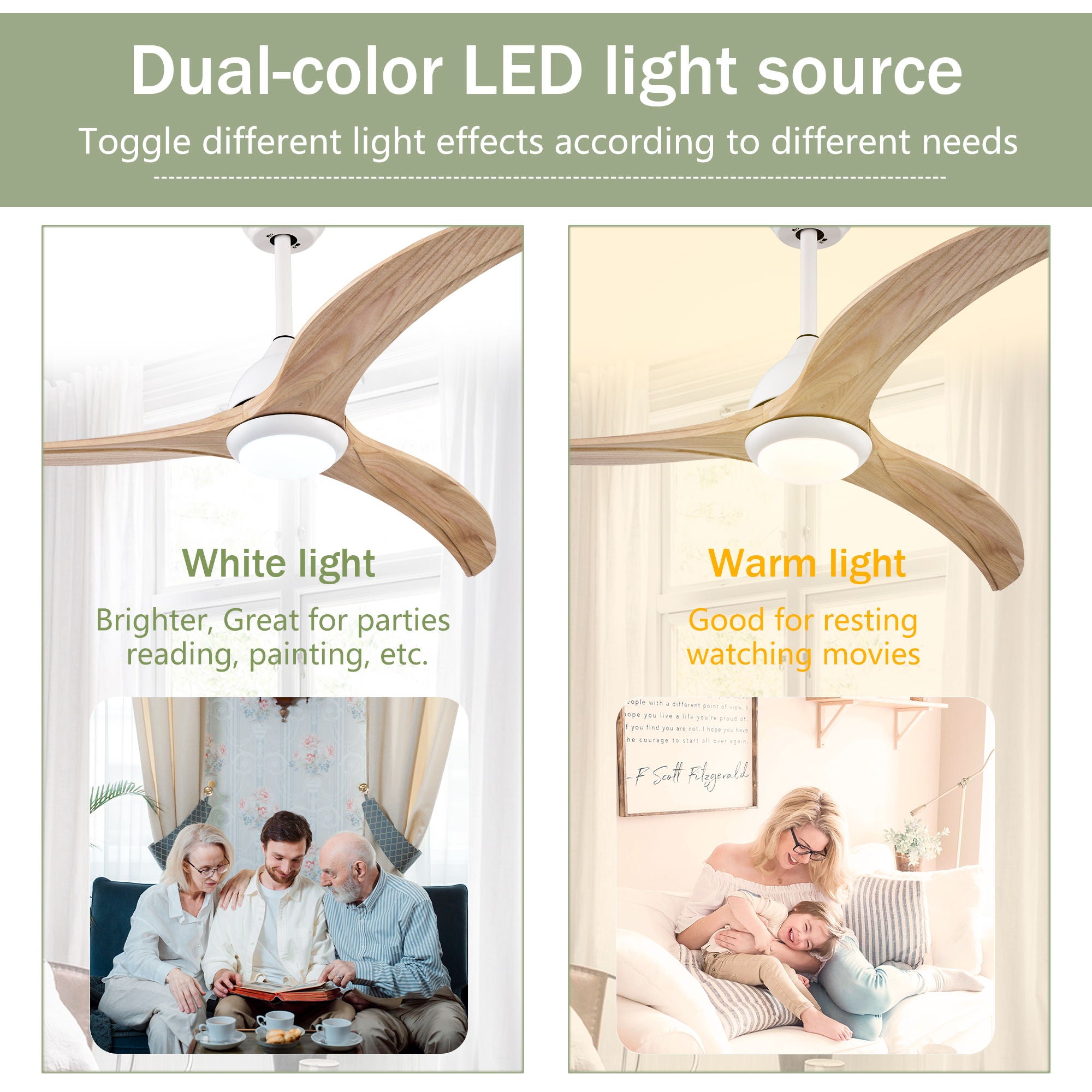 Indoor Outdoor Ceiling Fan With Light With Remote Control, Noiseless Reversible Motor, 6 Speed, 3 Color