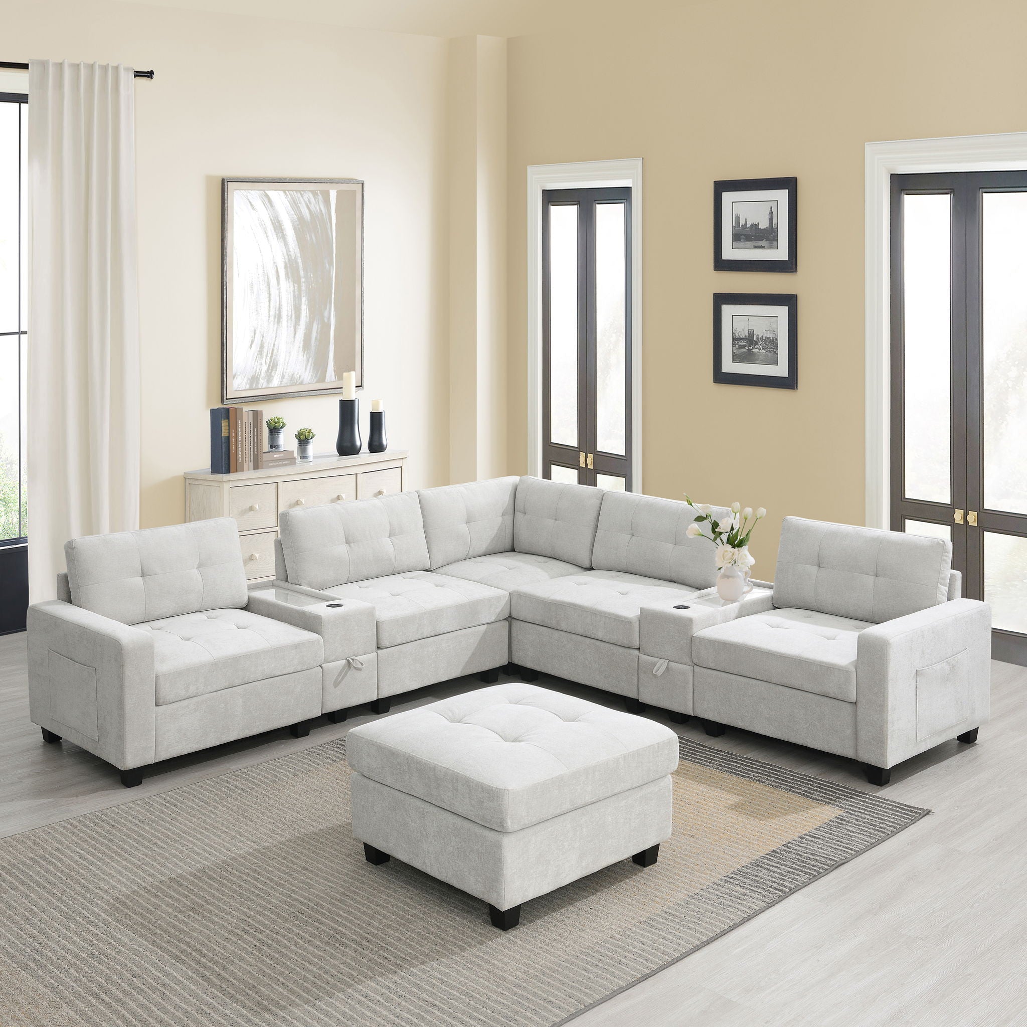 Sectional With Acrylic Table Top U Shaped Couch Set With 2 Consoles USB Charger, Storage Drawers And Pockets Movable Ottoman Tufted Sofa