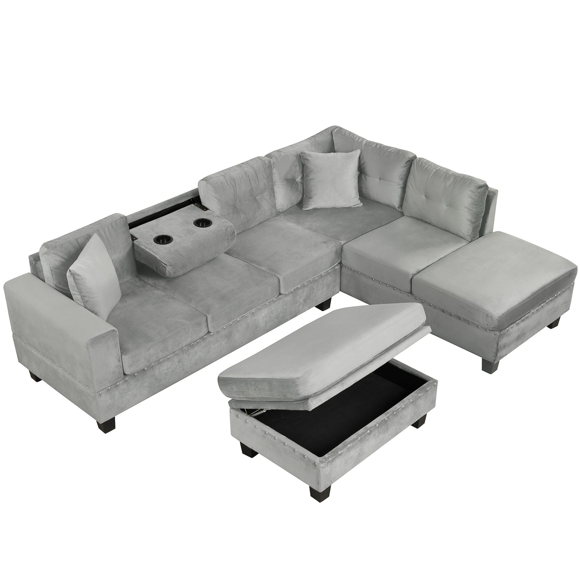 Modern Sectional Sofa With Storage Ottoman, L - Shape Couch With 2 Pillows And Cup Holders