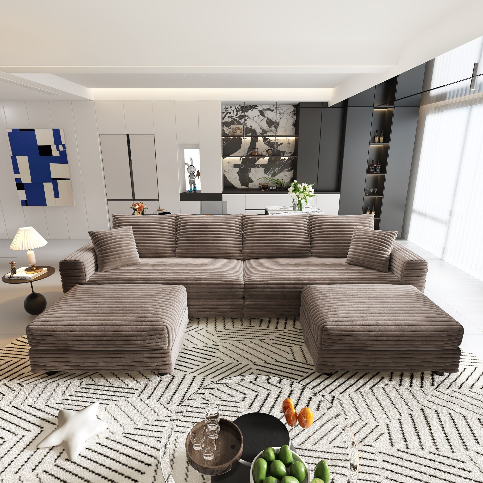 Deep Seat Convertible Sofa With Soft Pillows And Ottomans