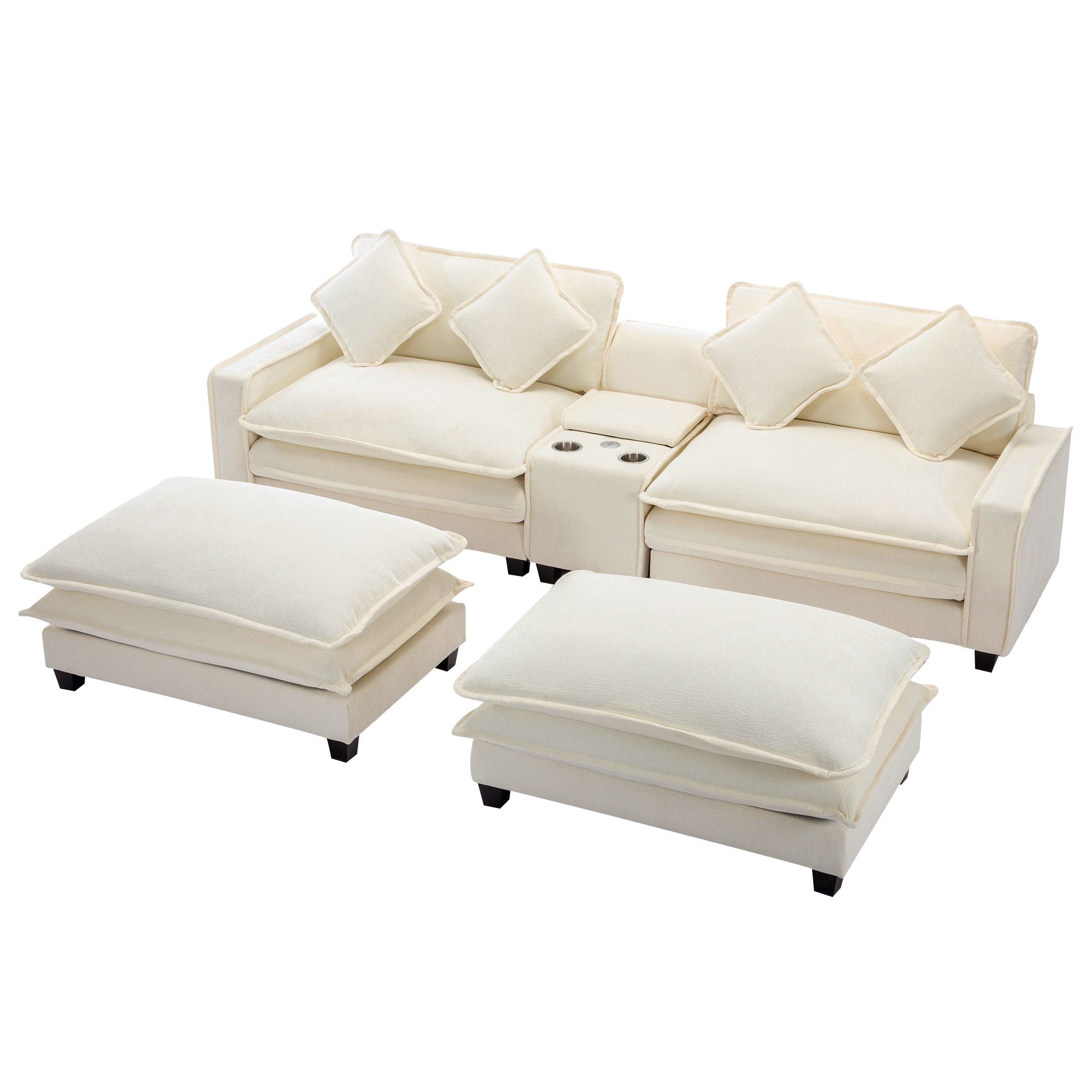 Sectional Sofa Upholstered Sofa With Two Removable Ottoman, Two USB Ports, Two Cup Holders And Large Storage Box For Living Room
