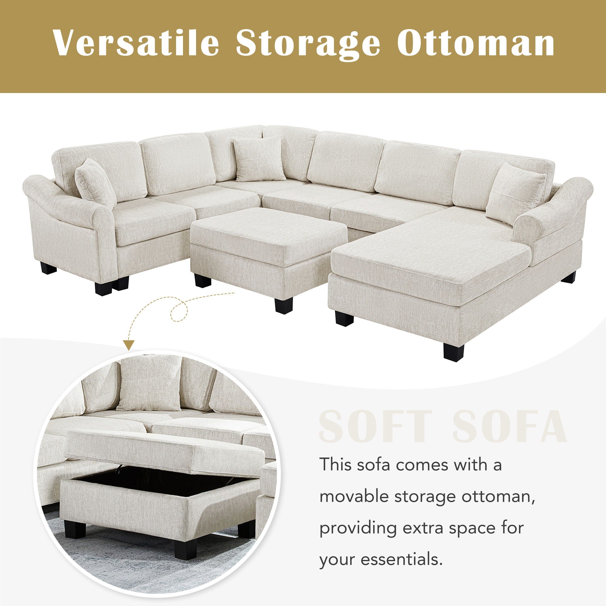 Contemporary U - Shaped Sectional Sofa With Movable Storage Ottoman