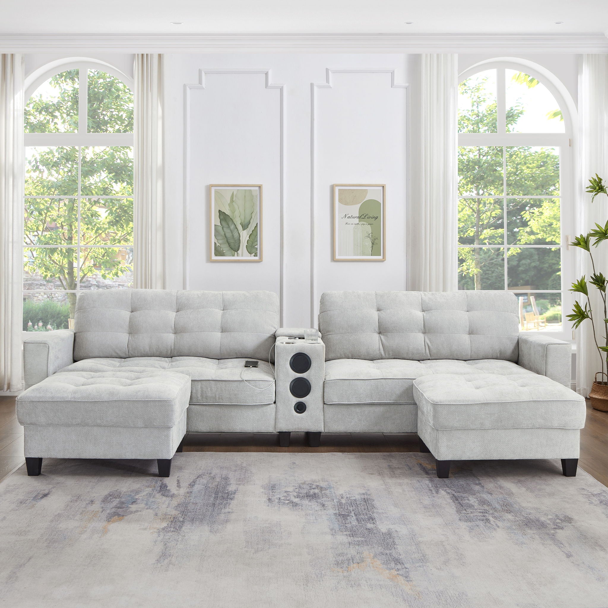 Modern Sectional Sofa U-Shaped With Movable Ottomans, tooth Speakers, LED Lights And Modular Storage