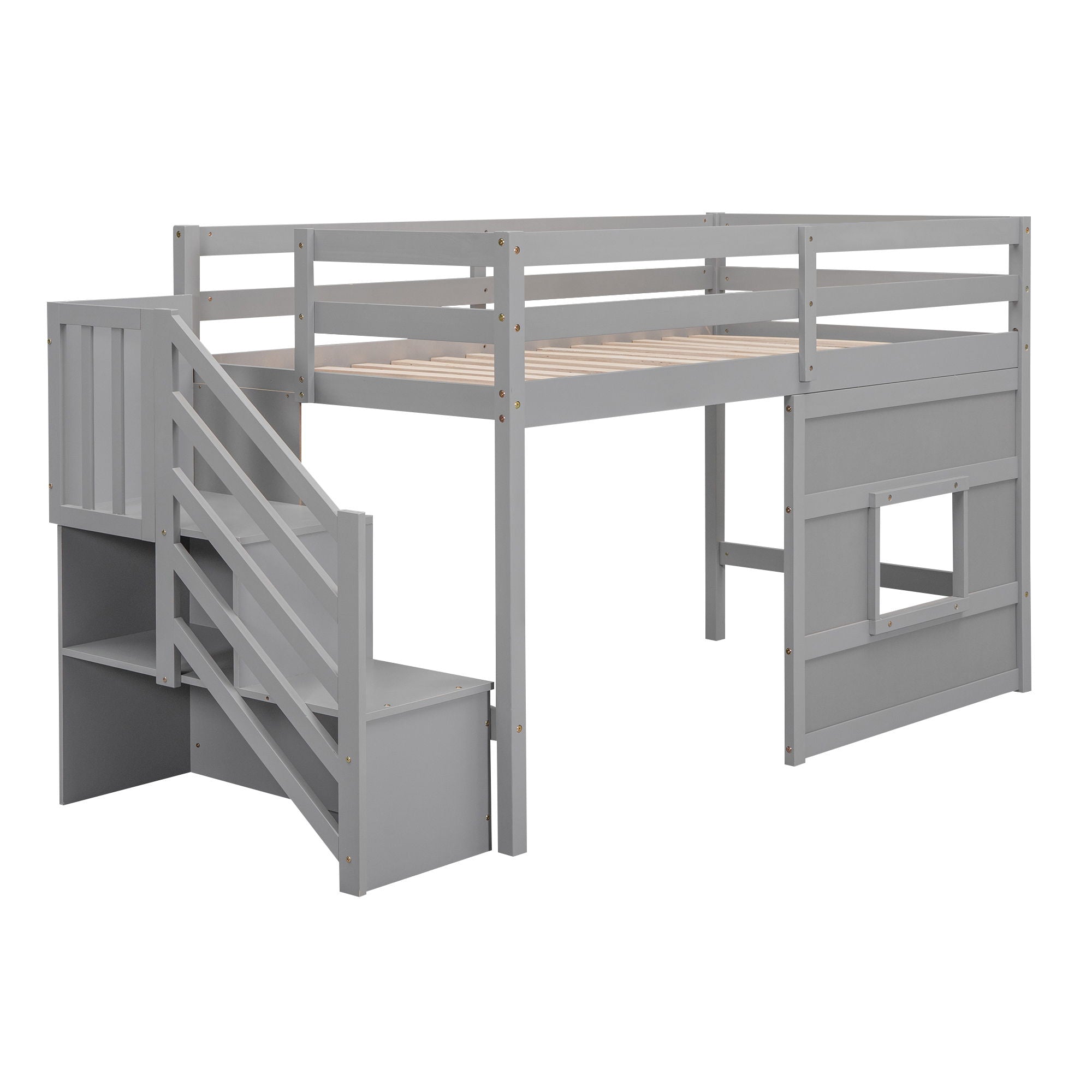 Loft Bed With Storage Staircase, Window & LED Light