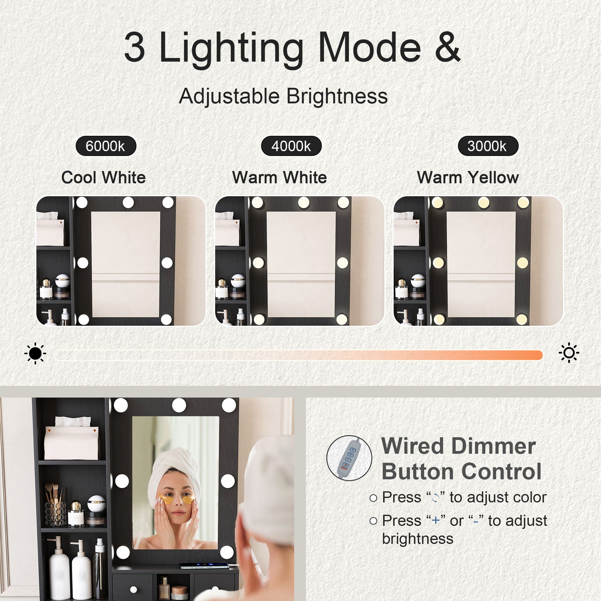 Vanity Table With Mirror, Adjustable LED Lights, Power Outlet, Hairdryer Holder & Stool
