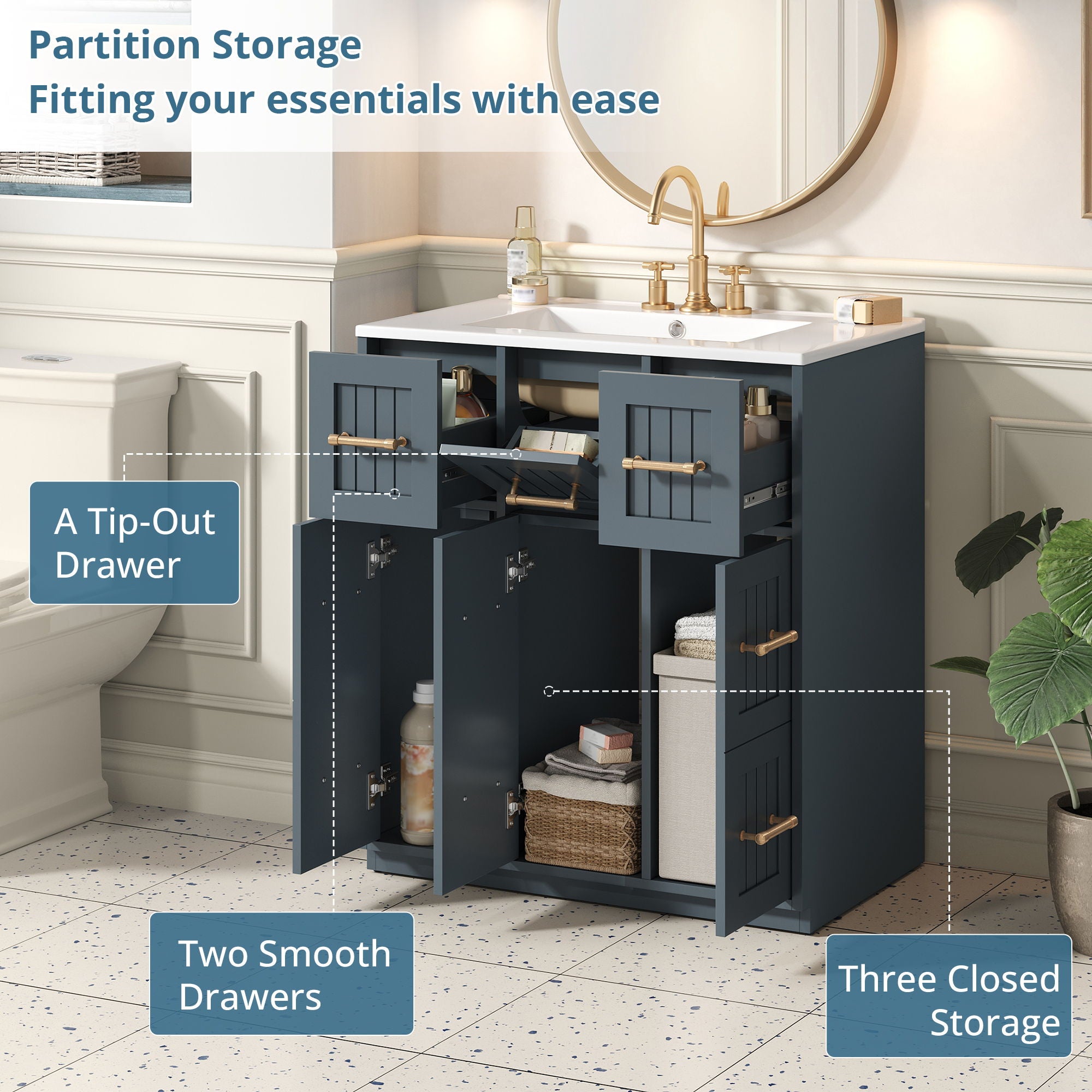 Bathroom Vanity With Undermount Sink, Soft-Close Doors, Drawers, Ceramic Sink