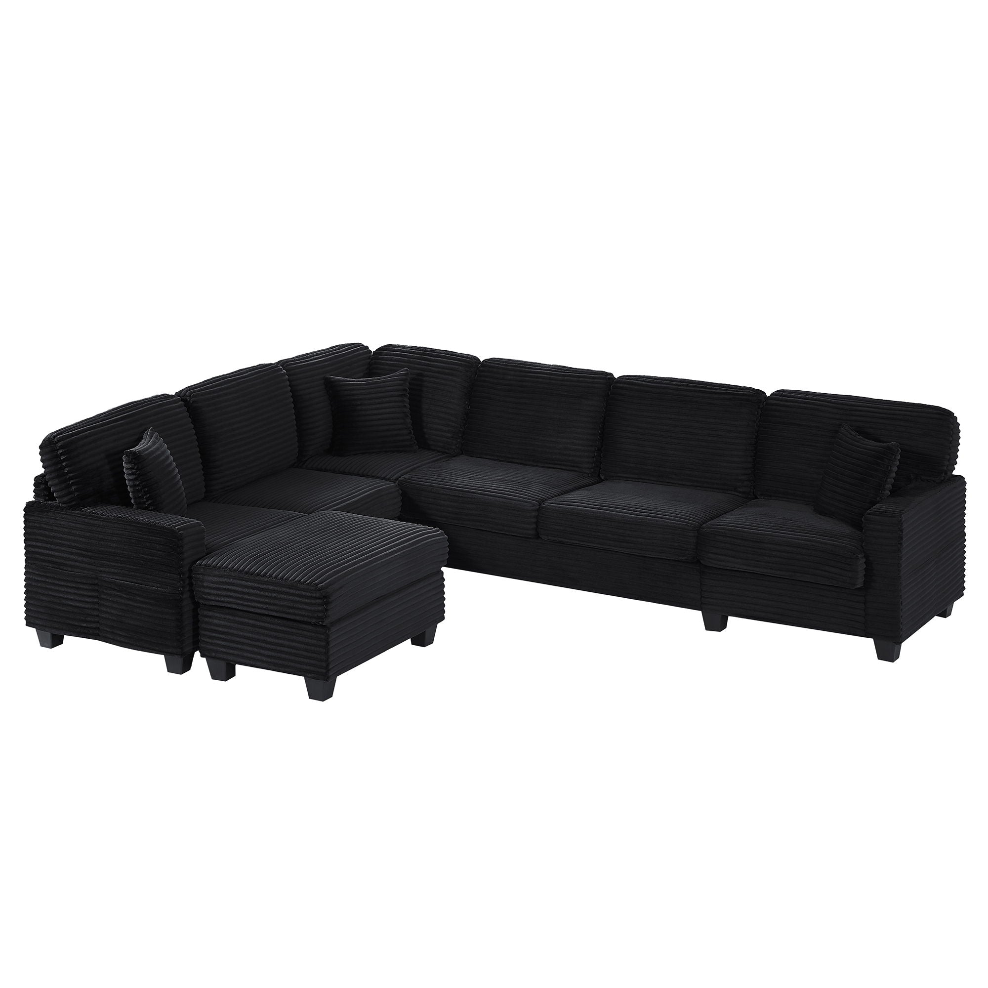 Upholstered U-Shaped Sectional Sofa With Movable Ottoman And Side Storage Pockets
