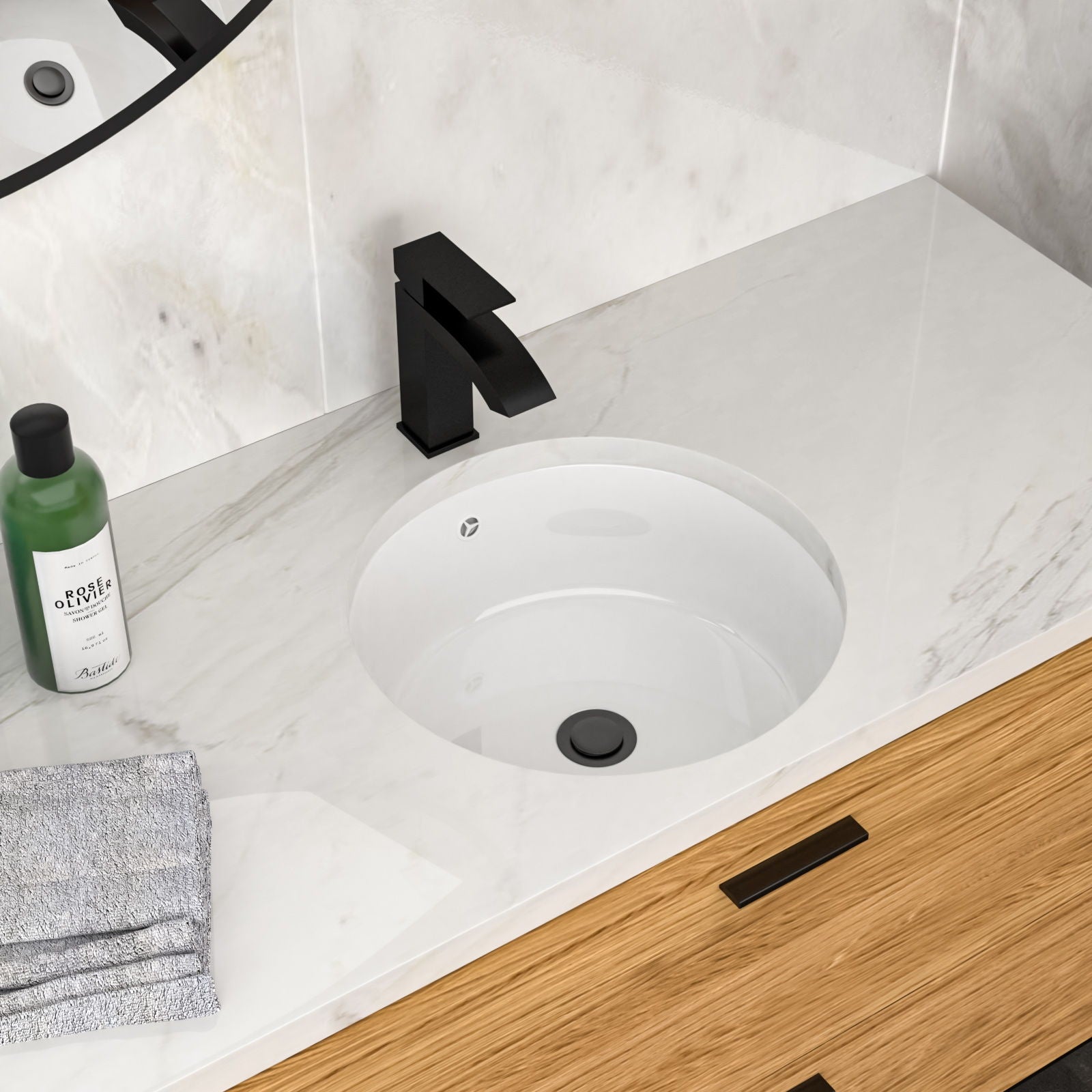 Ceramic Round Undermount Bathroom Sink With Overflow, European Style - White