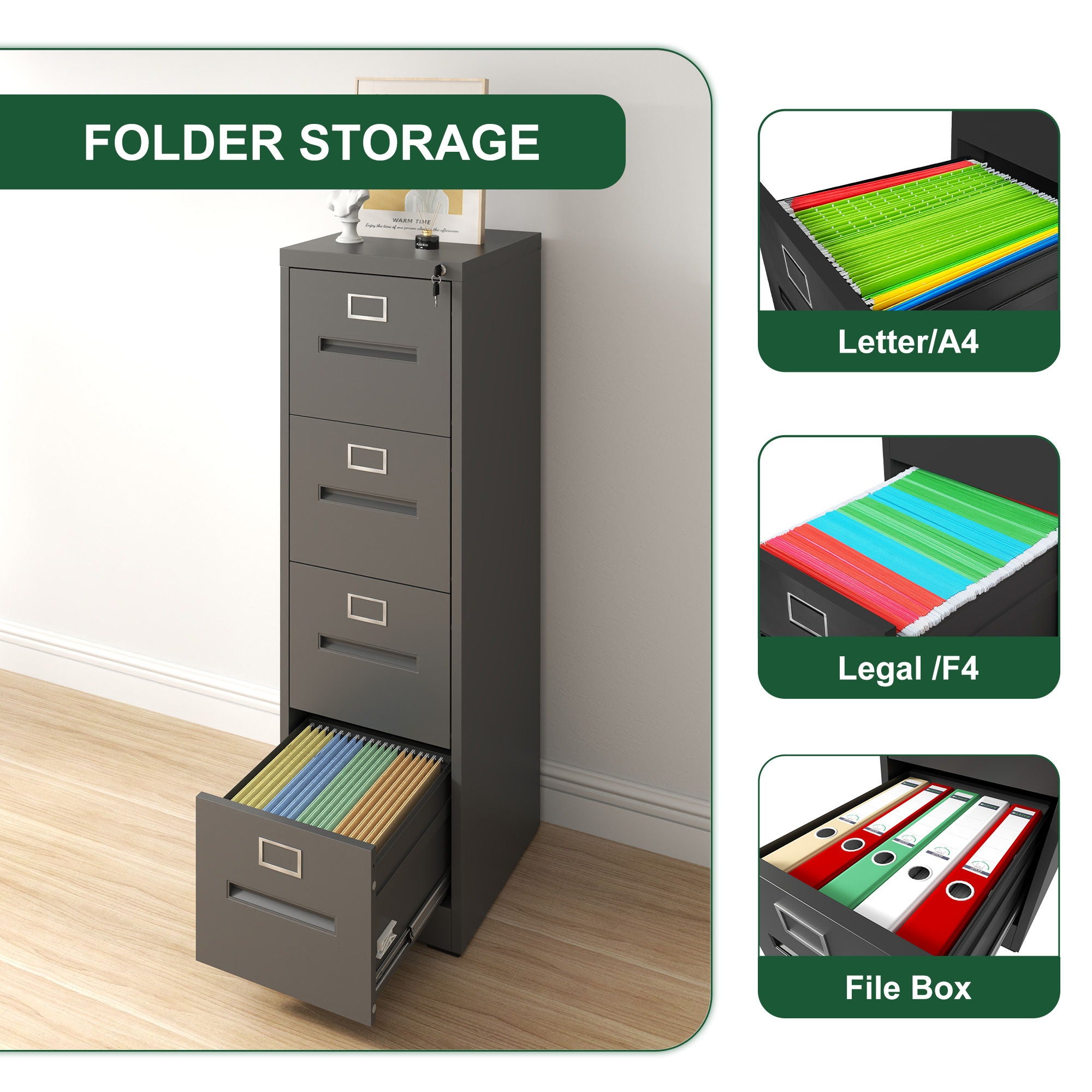 Premium Drawer File Cabinet With Lock, Metal Vertical Design, A4 Legal / Letter Size