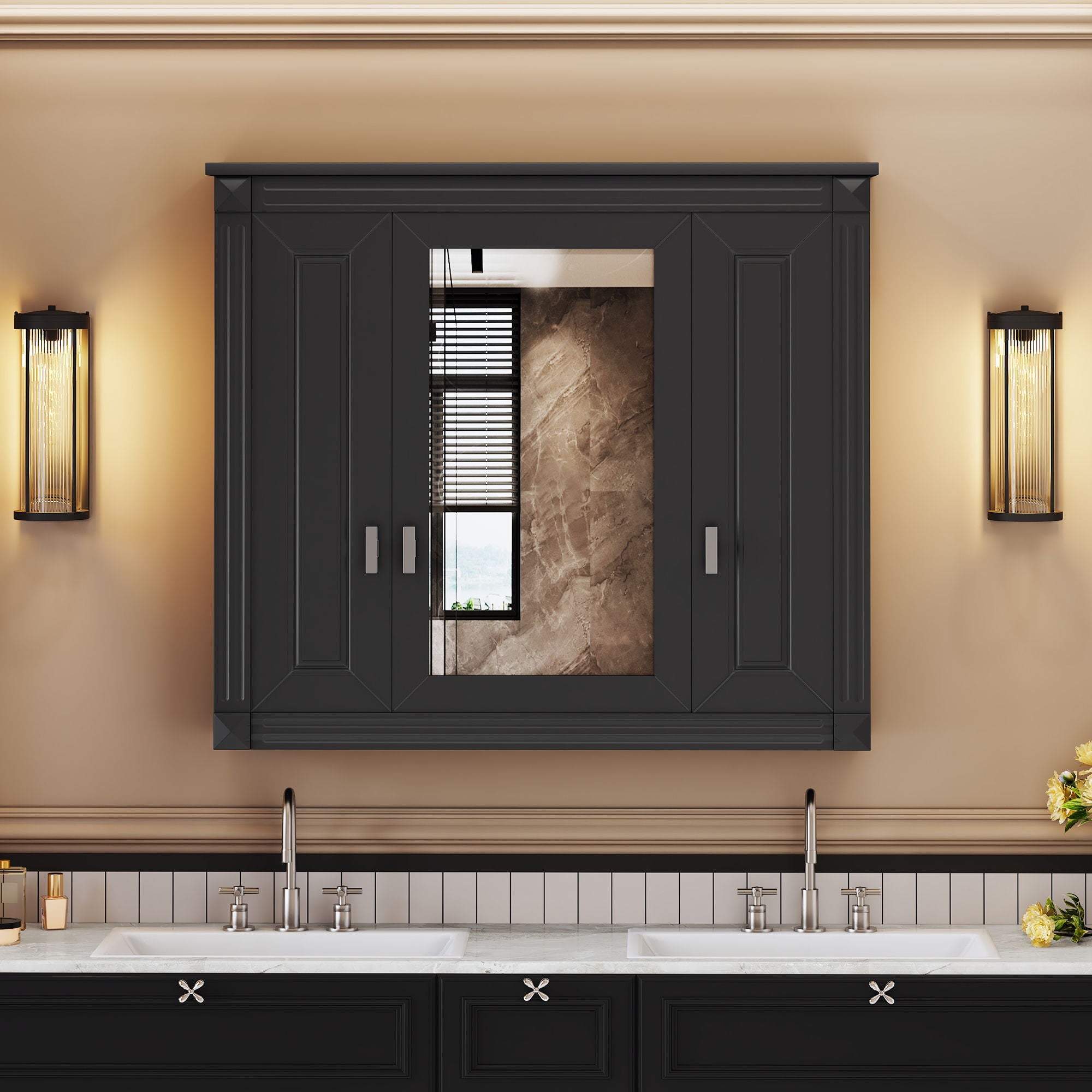 Wall Mounted Bathroom Cabinet With Mirror And 5 Shelves, Rectangular Design