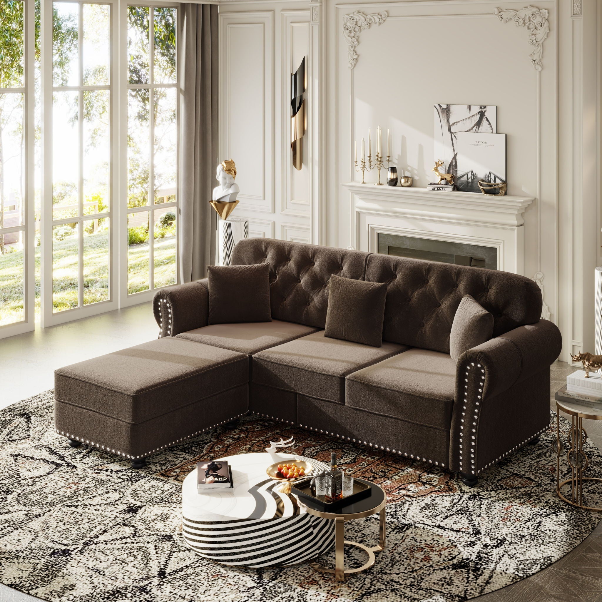 Upholstered Sofa Set With Nailhead Trim And Rolled Armrests, Includes Pillows