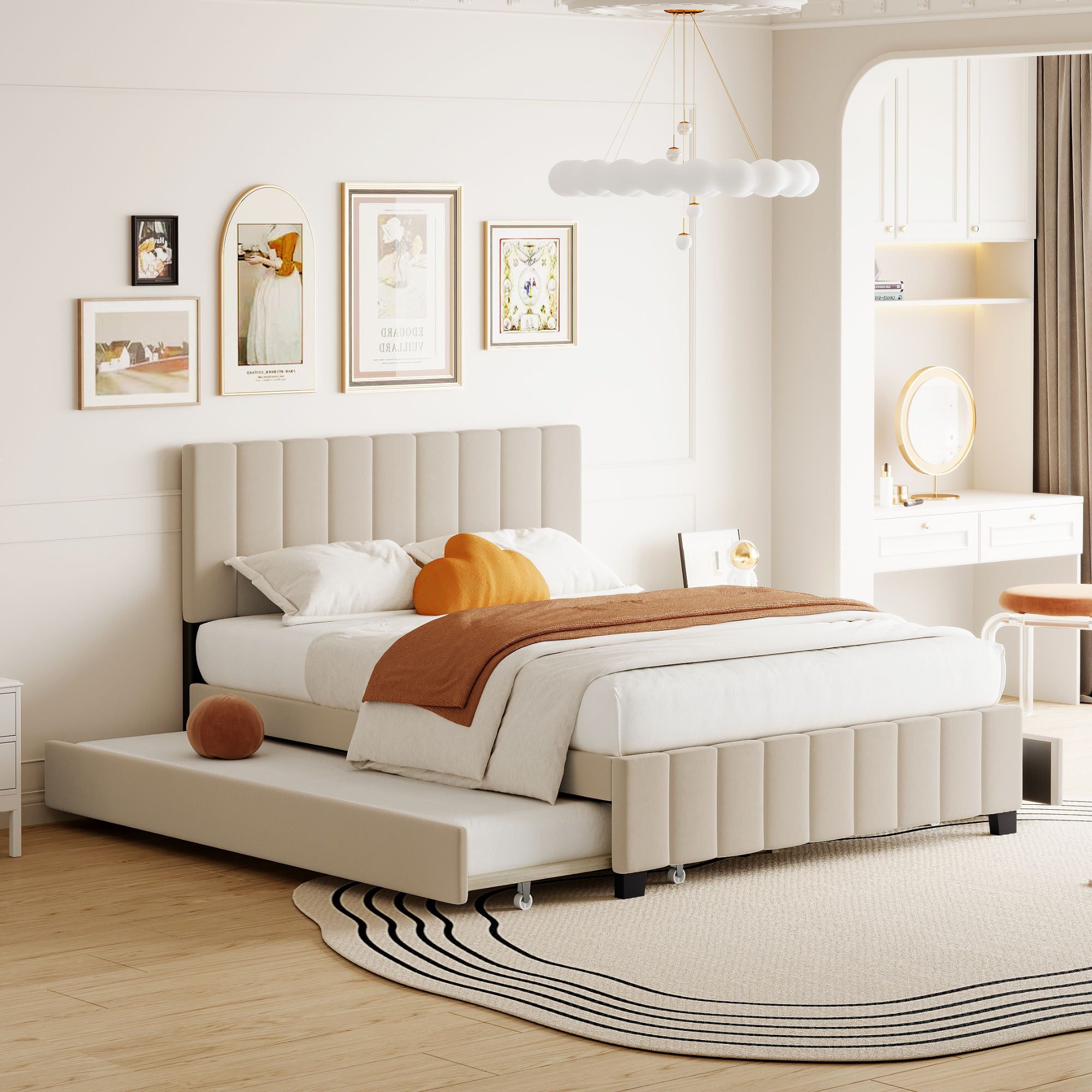 Platform UpholsteredBed With 2 Drawers And Twin Long Trundle
