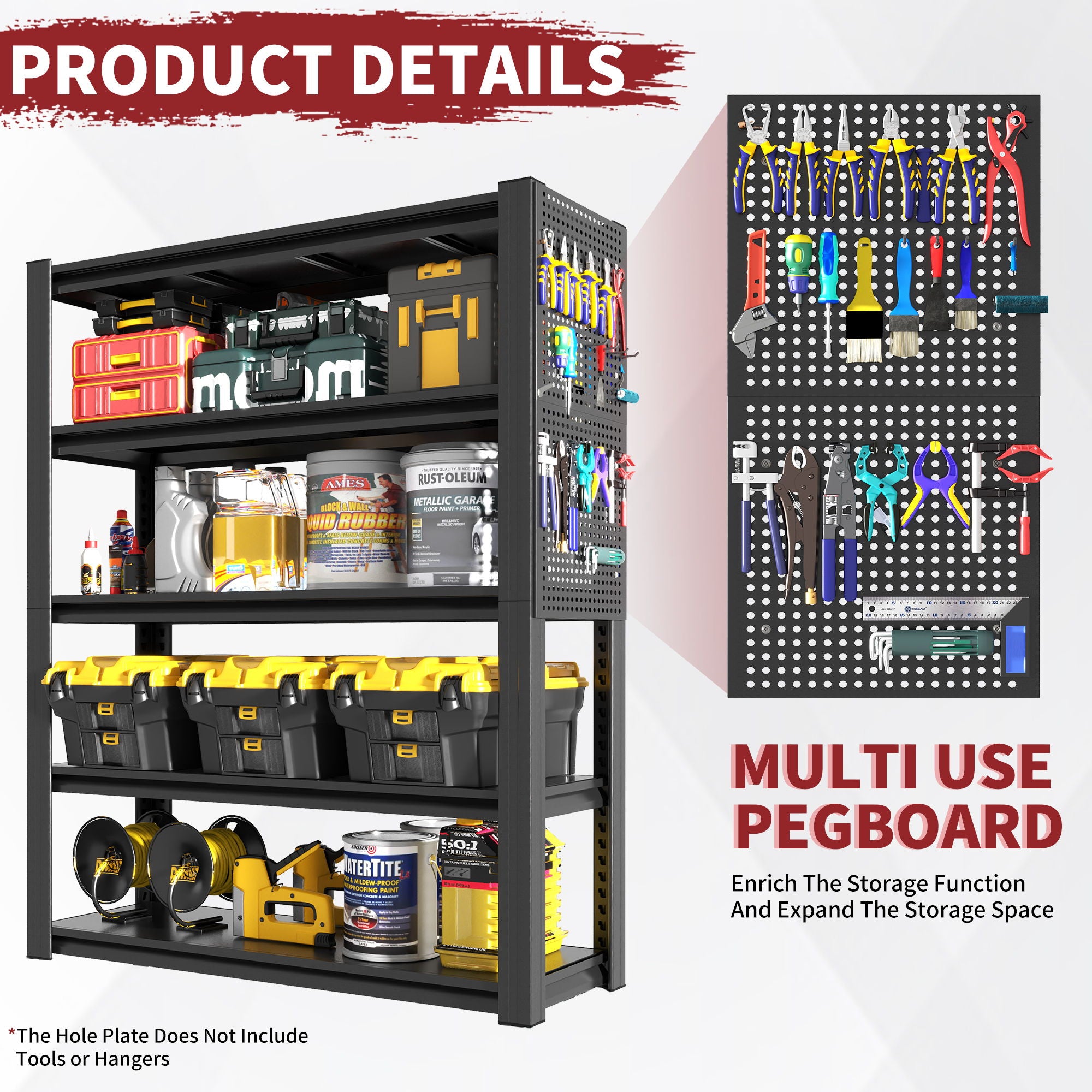 Industrial 5-Tier Adjustable Shelving Unit With Pegboard Heavy-Duty Storage