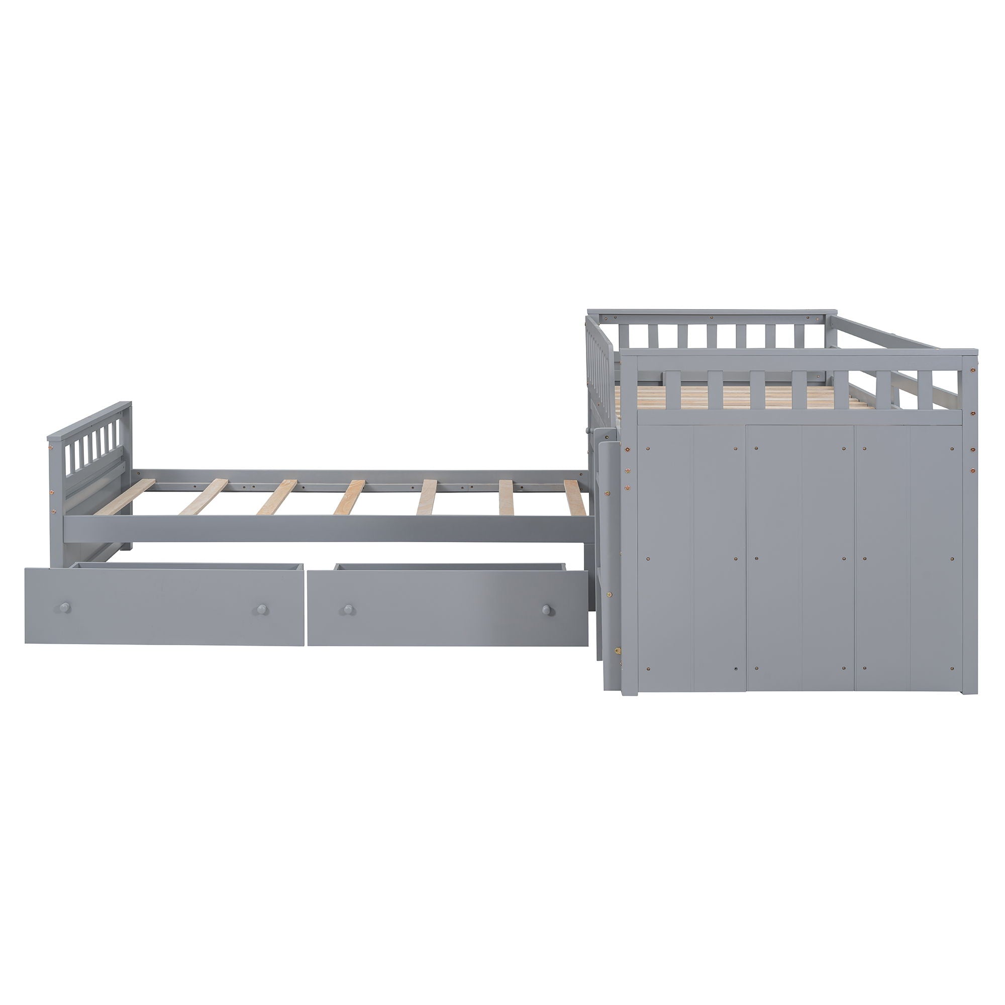 Loft Platform Bed With 7 Drawers And Full Guardrails, Modern L Shaped Space Savin