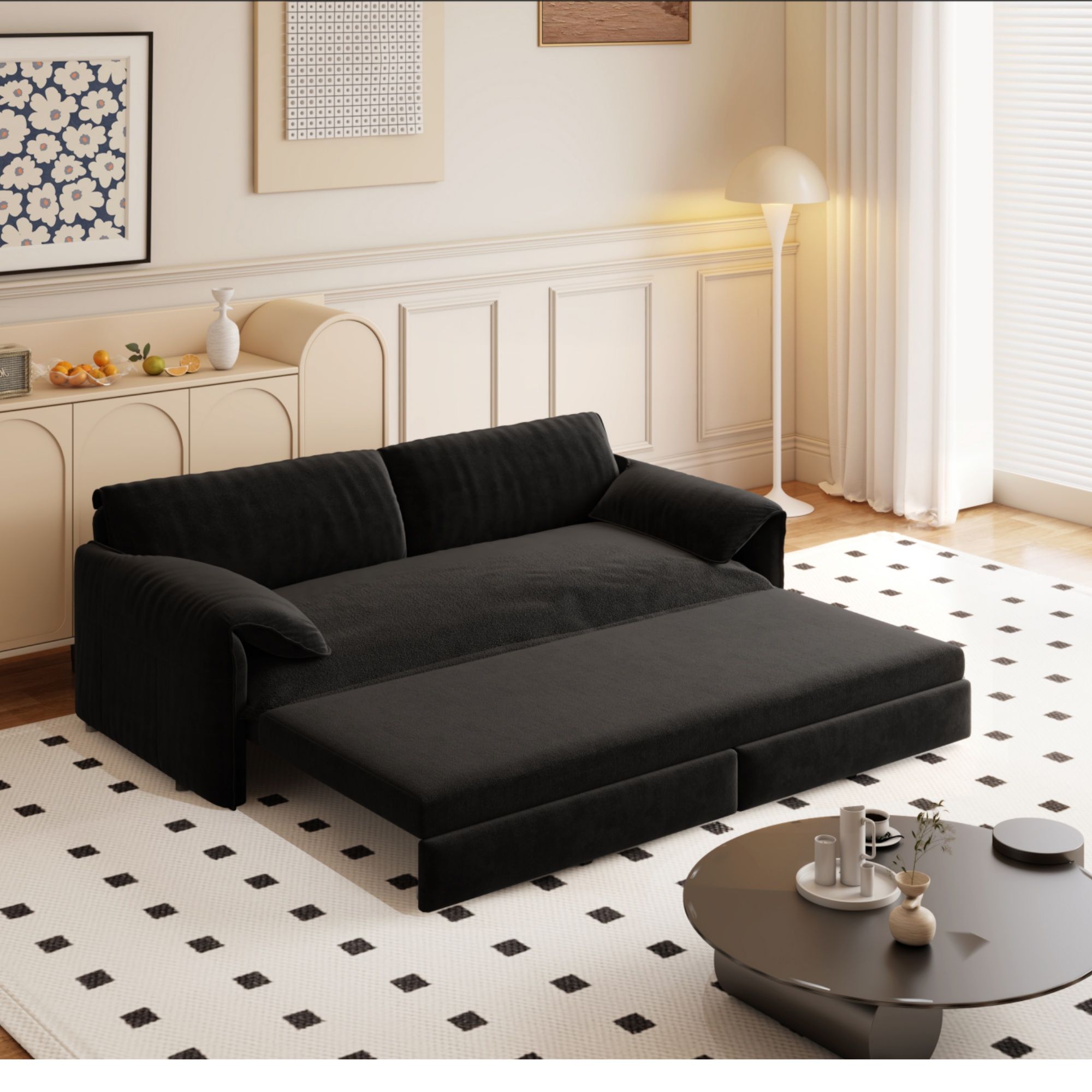 Pull Out 3 In 1 Convertible Sleeper Sofa With Side Storage, Multi Functional