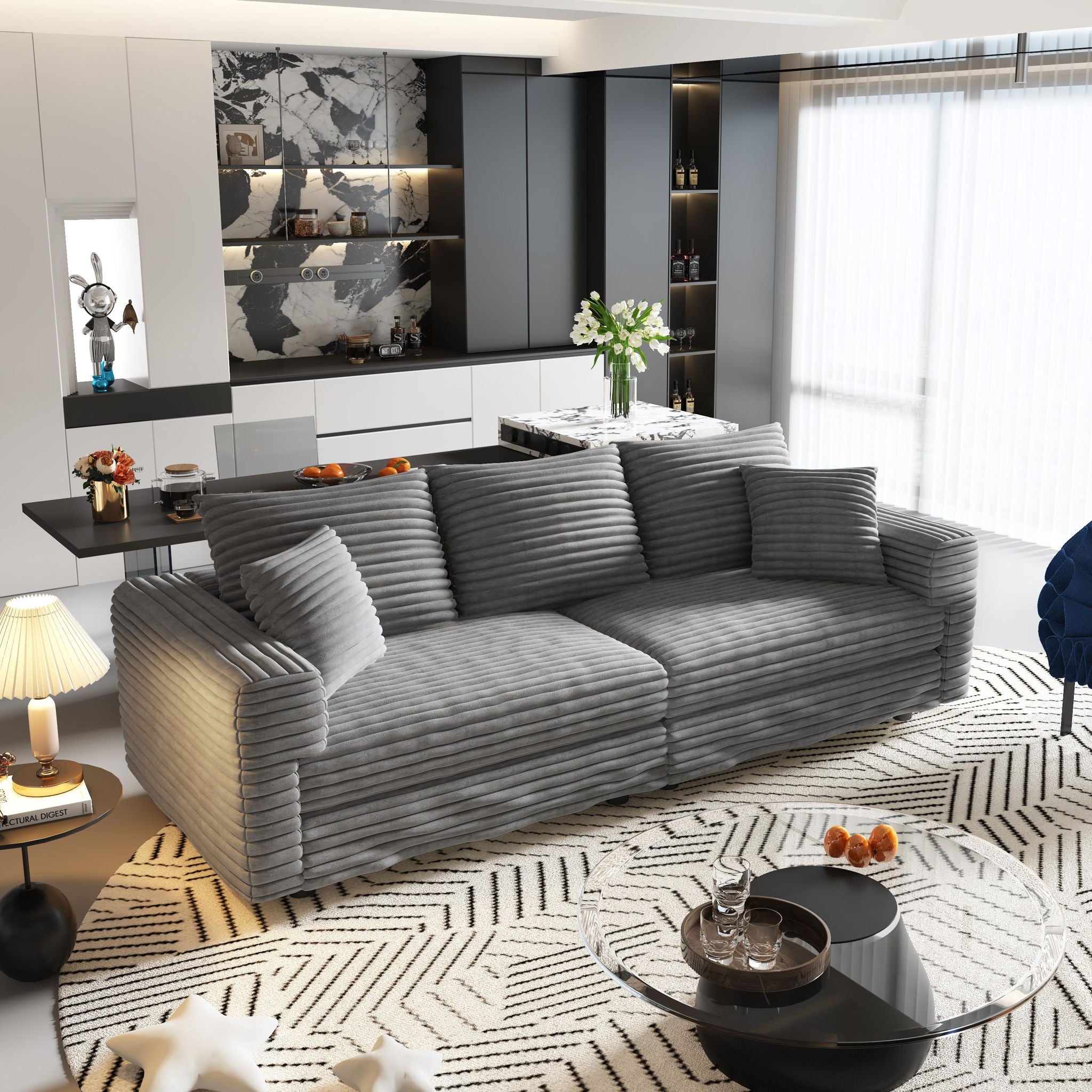 Convertible Deep Seat Sofa With Soft Pillows And Ottomans