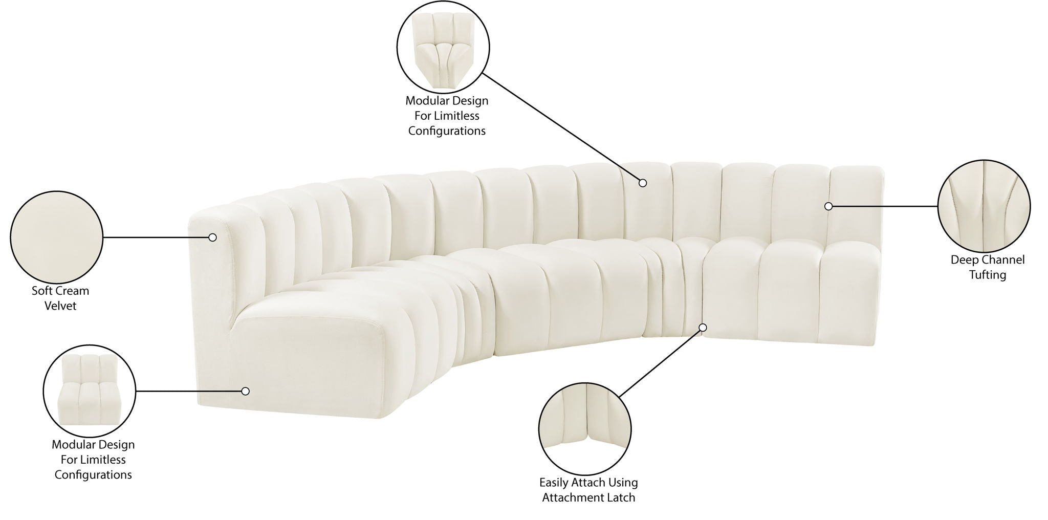 Arc - Velvet 5 Piece U-Shaped Modular Sofa