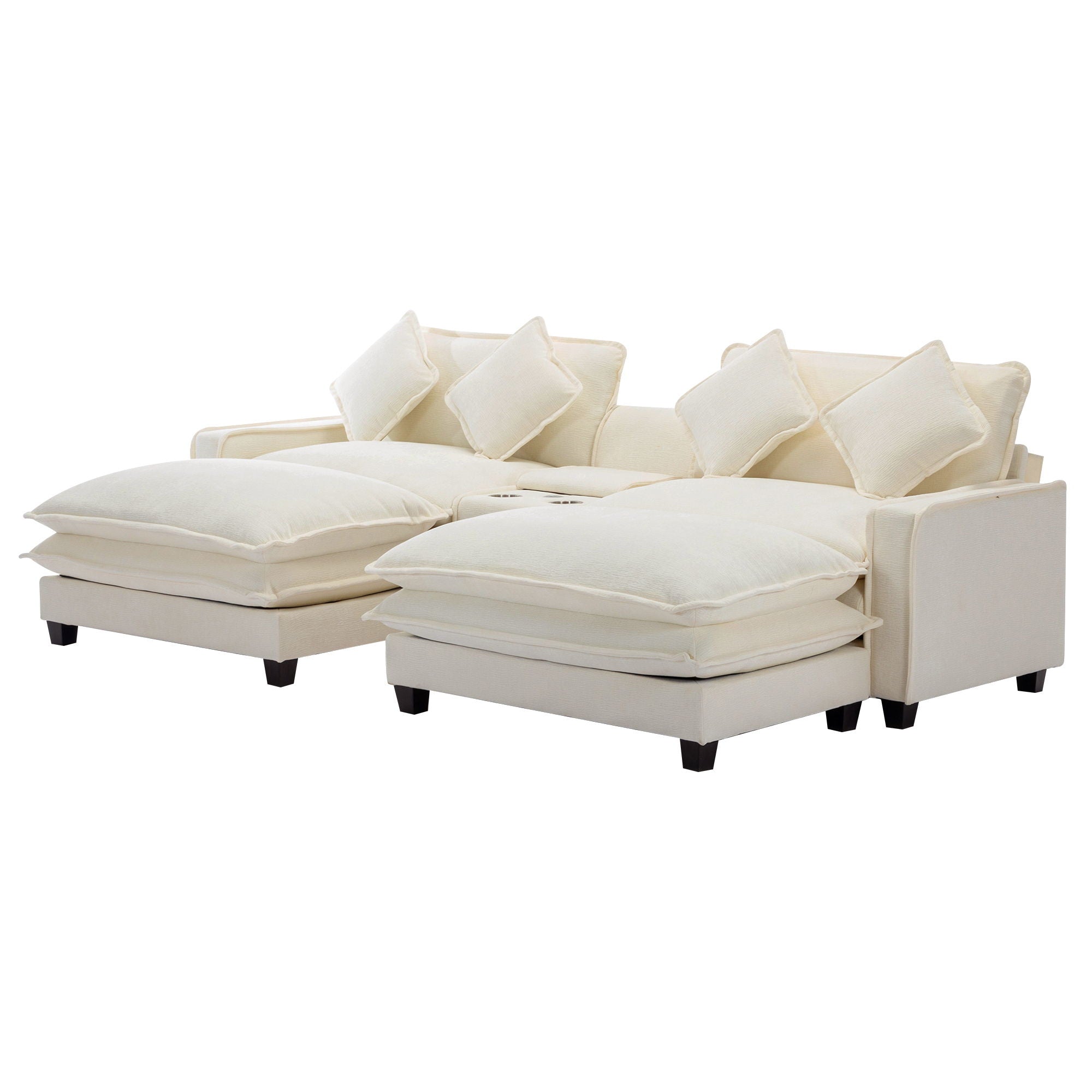 Sectional Sofa Upholstered Sofa With Two Removable Ottoman, Two USB Ports, Two Cup Holders And Large Storage Box For Living Room