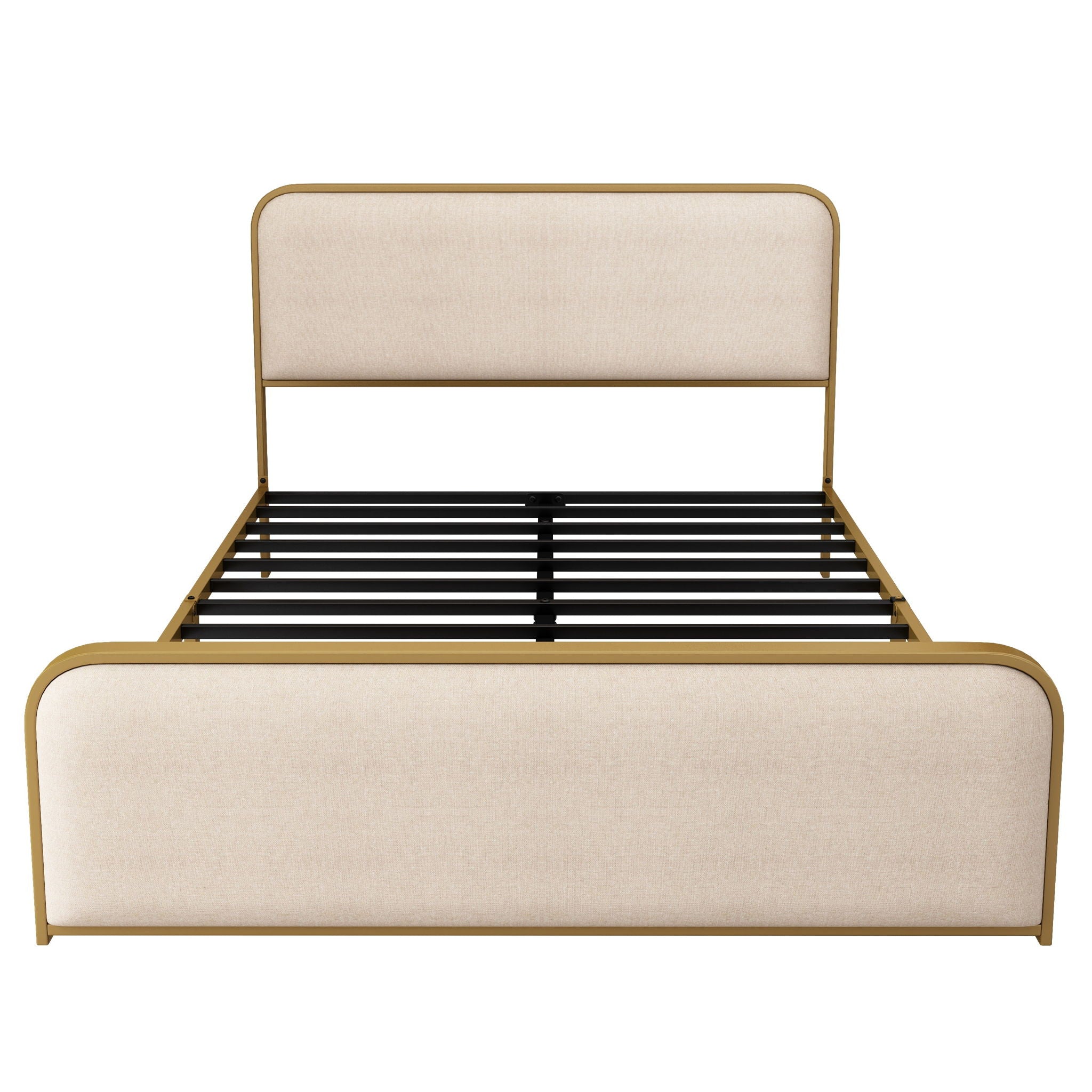 Queen Size Bed Frame With Curved Upholstered Headboard And Footboard - Beige / Gold