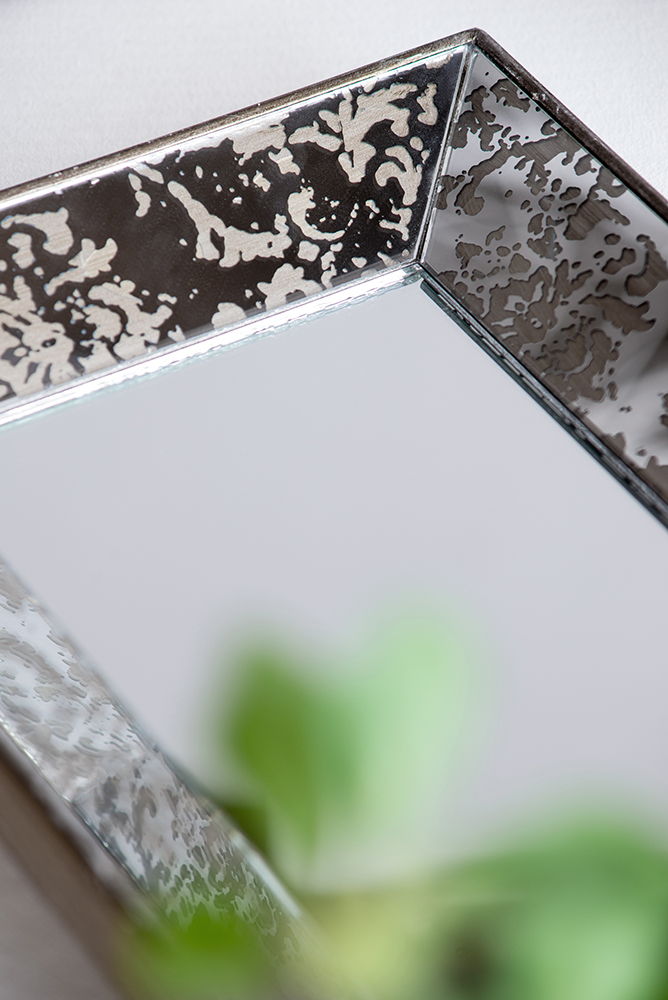 Antique Rectangle Mirror With Floral Accents, Mirrored Display Tray, Hanging Wall Mirror
