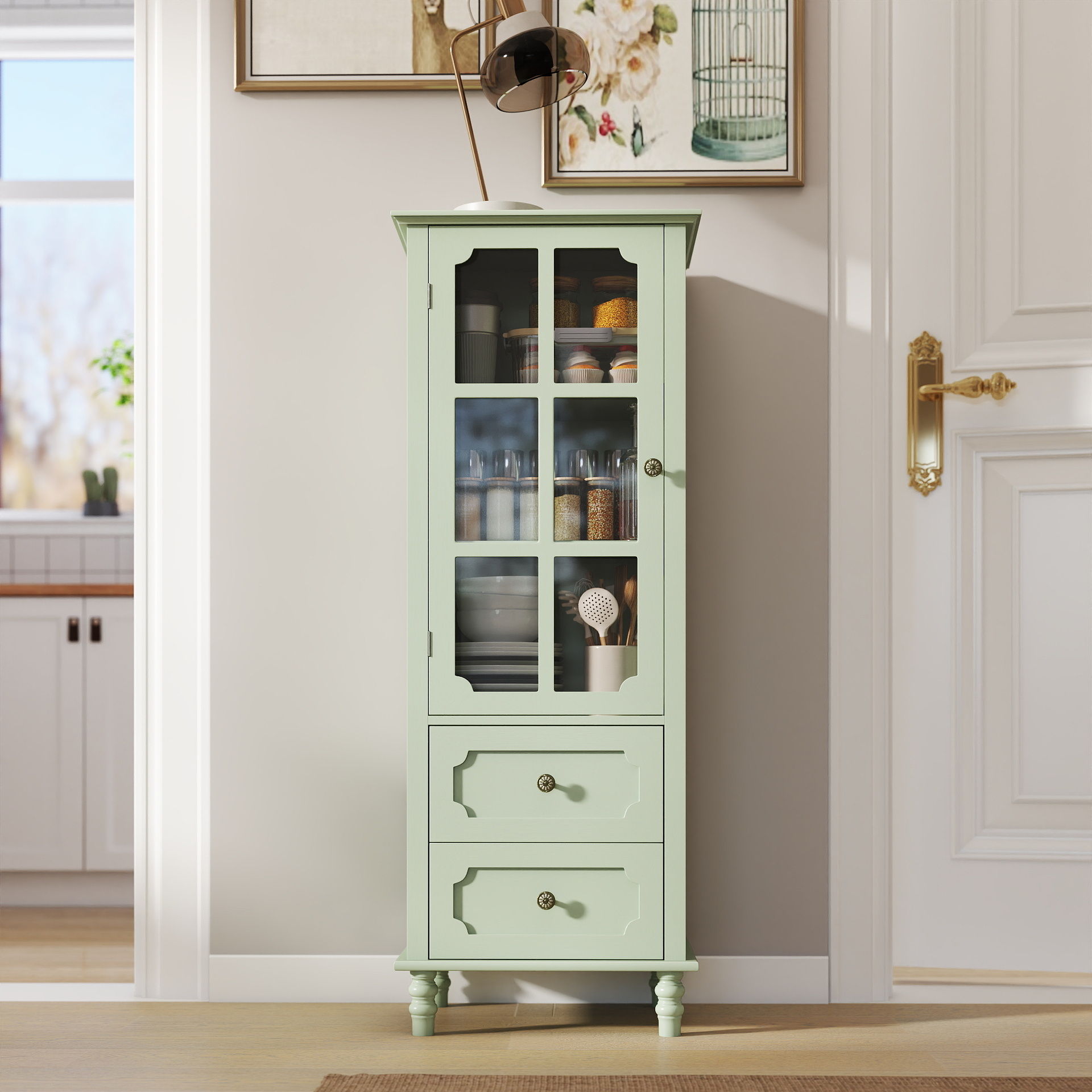 Minimalism Buffet Cabinet With Glass Doors And Double Drawer