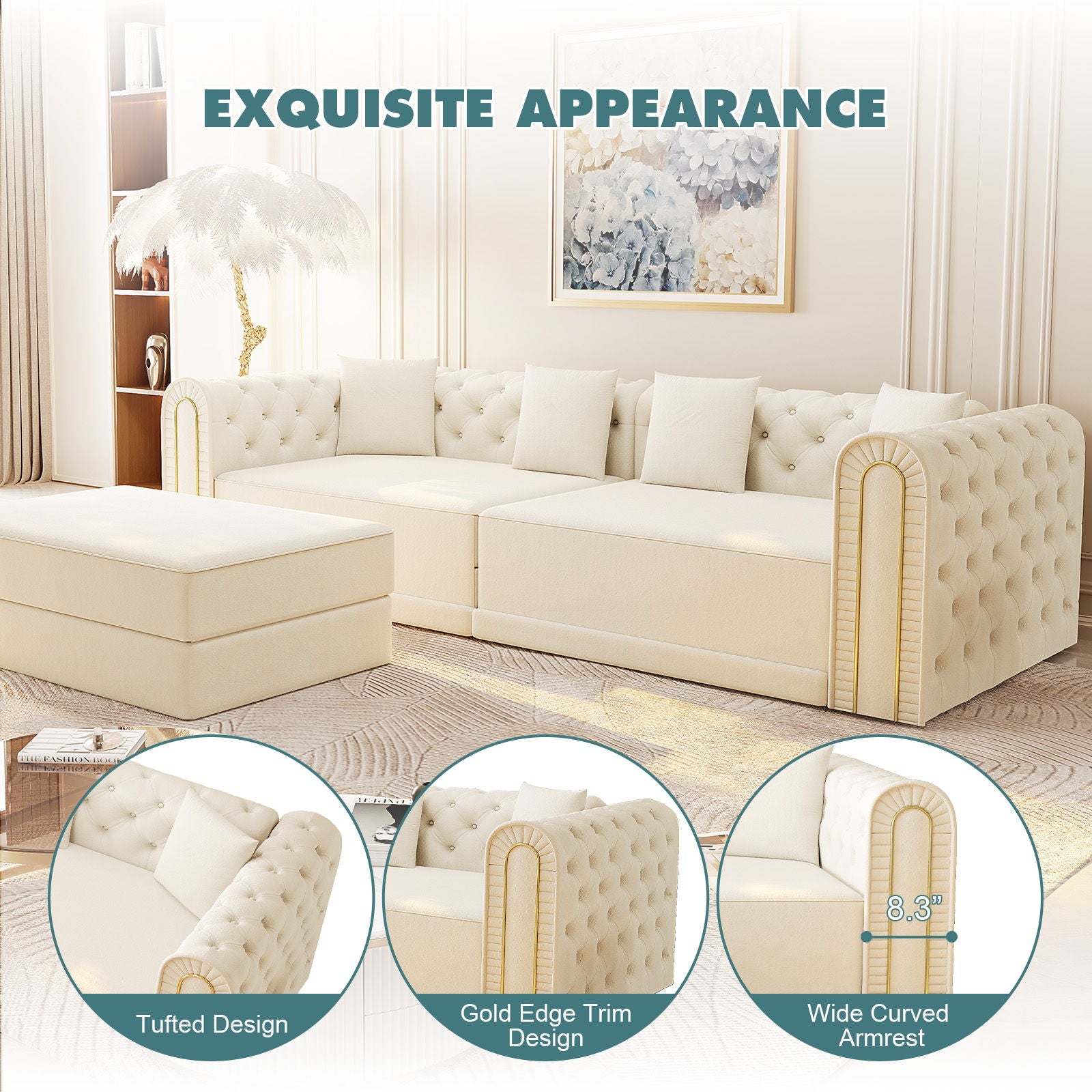 3-In-1 Convertible Sleeper Sofa With Movable Ottoman For Living Room