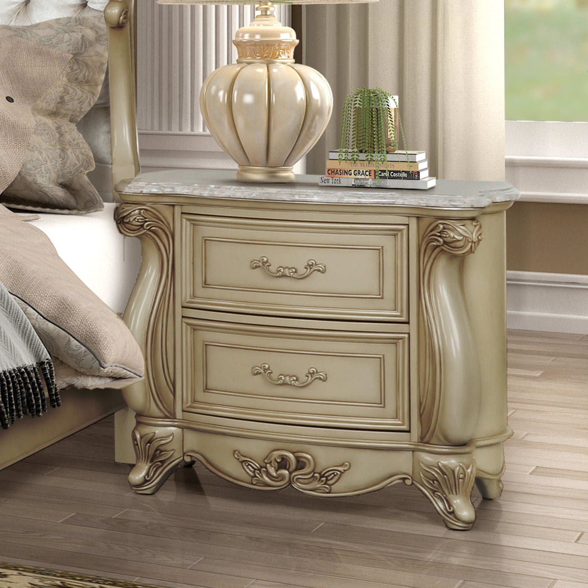Monique - Nightstand With Marble Top - Champagne