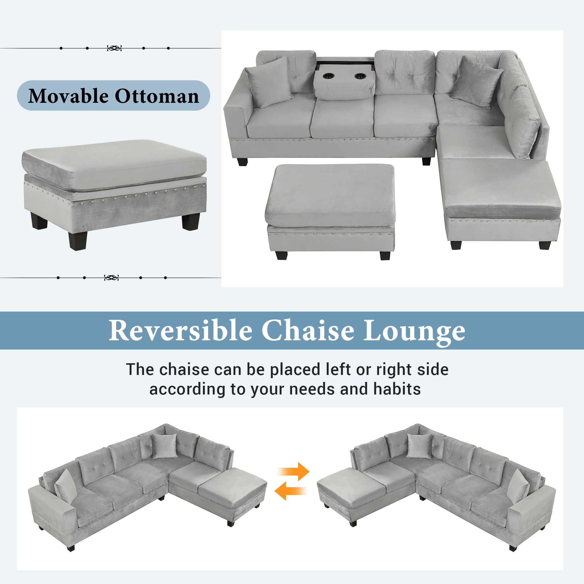 Modern Sectional Sofa With Storage Ottoman, L - Shape Couch With 2 Pillows And Cup Holders