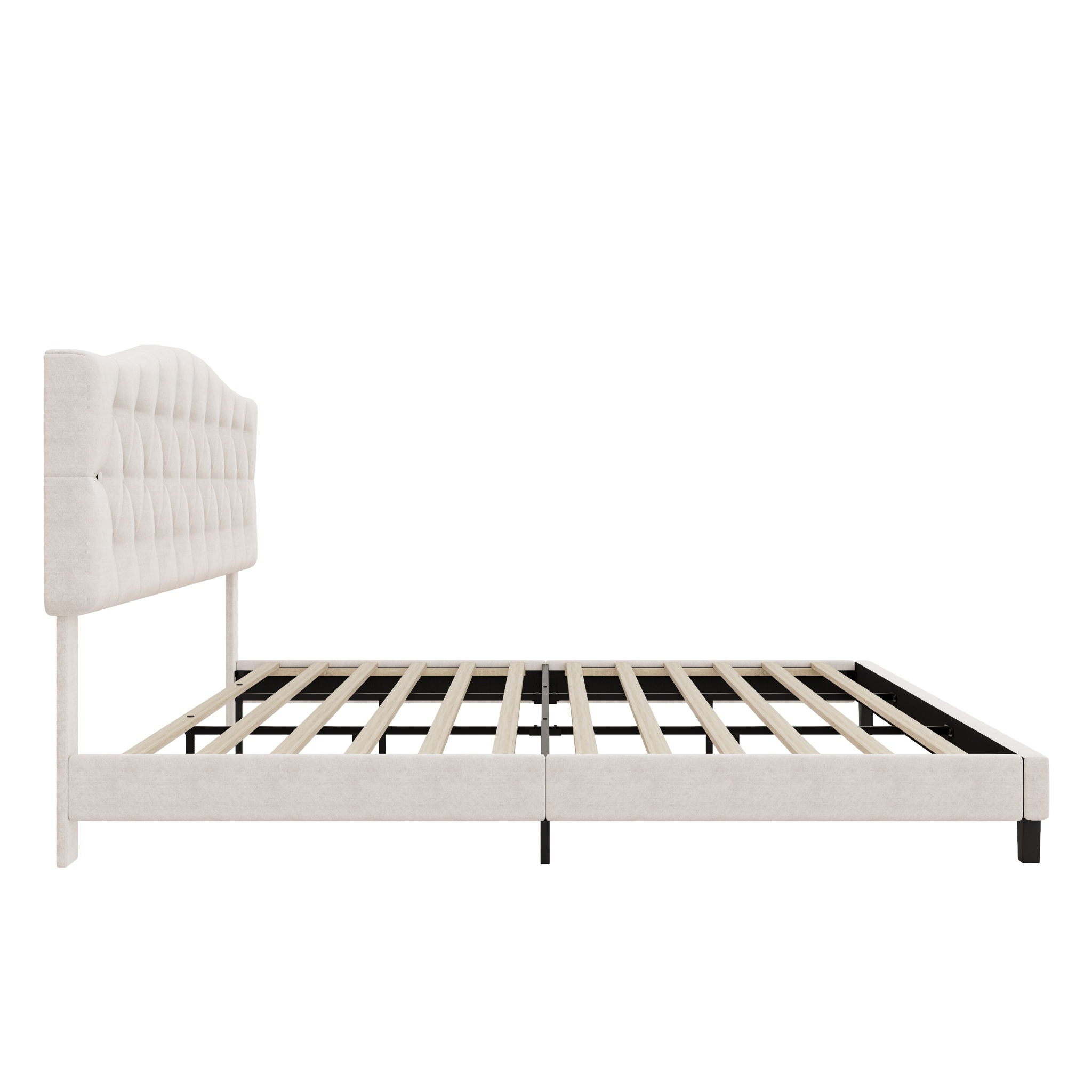 King Upholstered Platform Bed With Curved Adjustable Headboard And Diamond Tufted Details, No Box Spring Needed - Beige