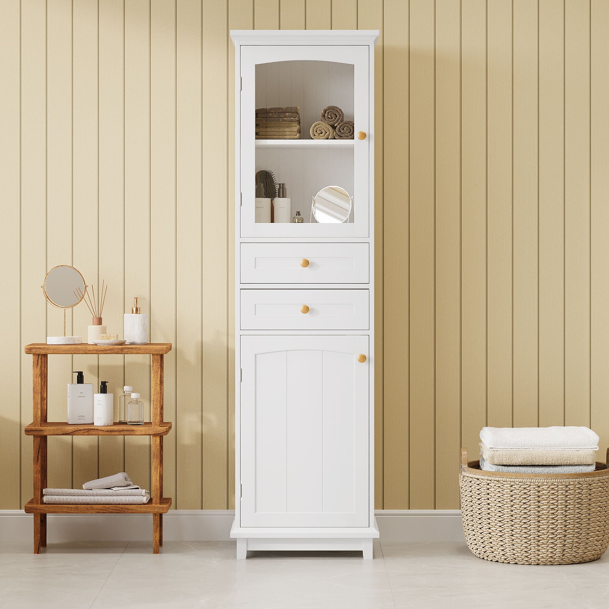 Tall Bathroom Storage Cabinet With Glass Doors, Free-Standing, Two Drawers, And Adjustable Shelves, Board, Painted Perfect For Displaying Your Favorite Items