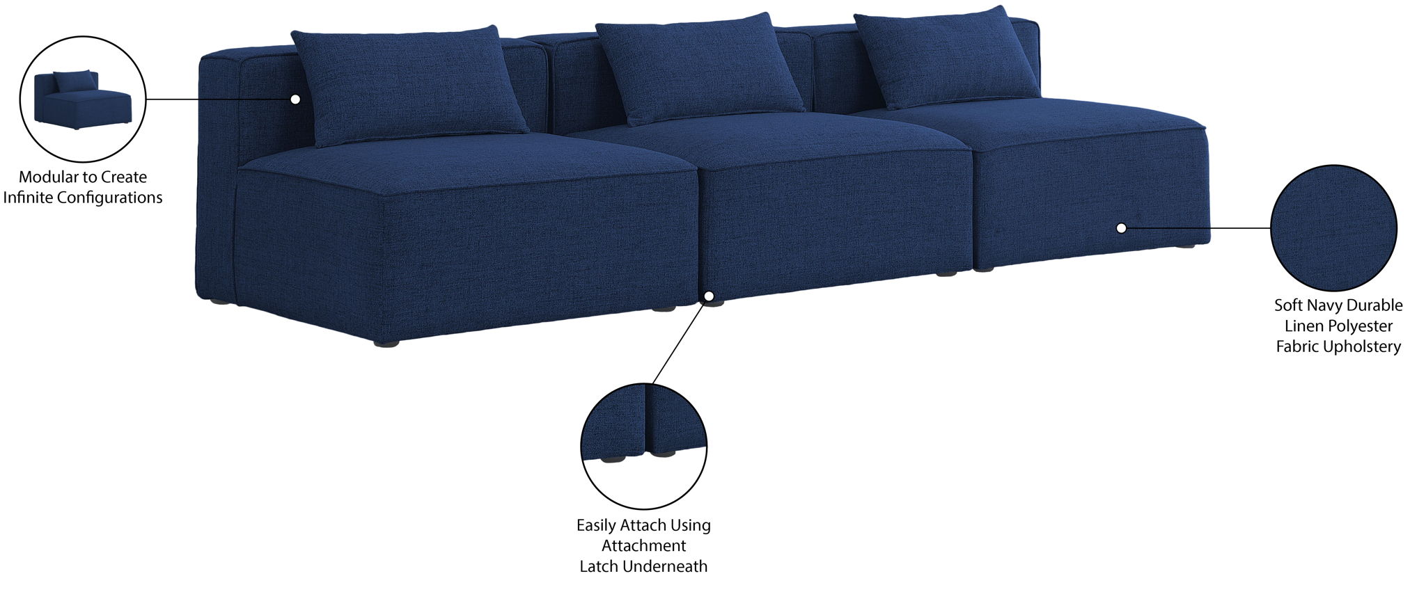 Cube - Linen Modular 3 Seat Armless Sofa
