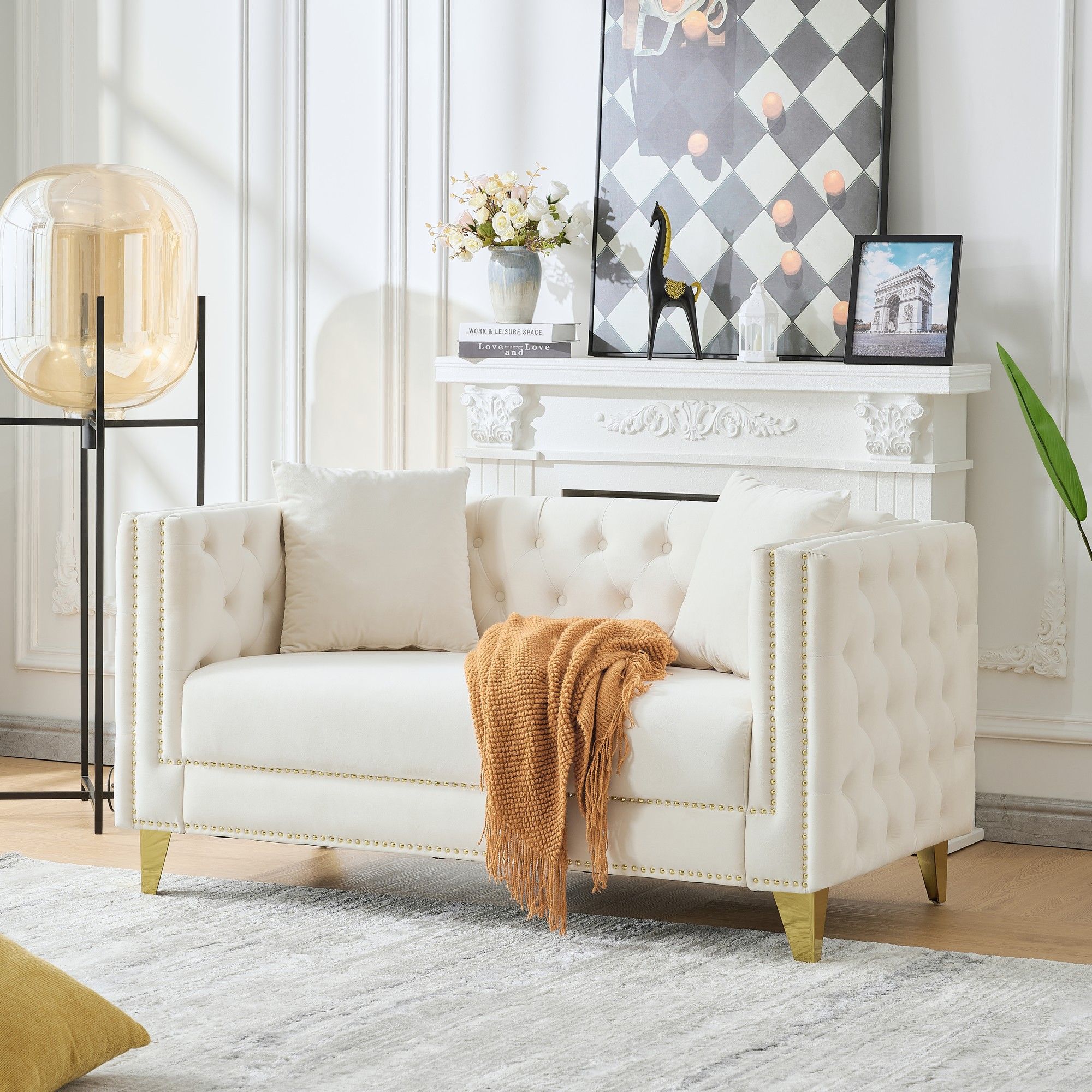 2 Seater Deep Seat Sofa With Button Nailhead, Square Arm