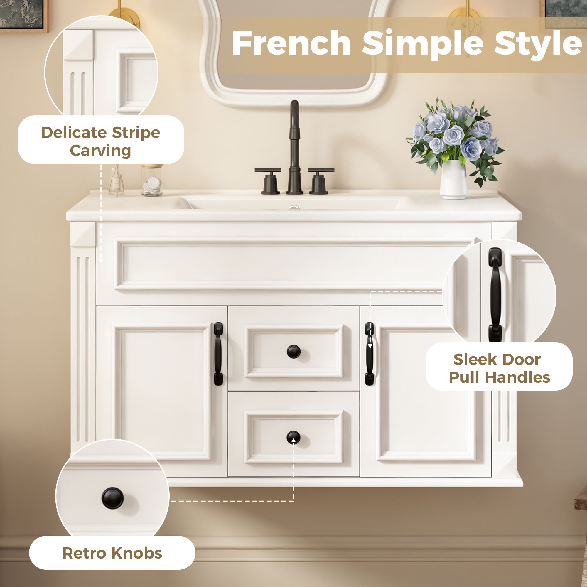 French Simple Style Wall Mounted Bathroom Cabinet With Sink