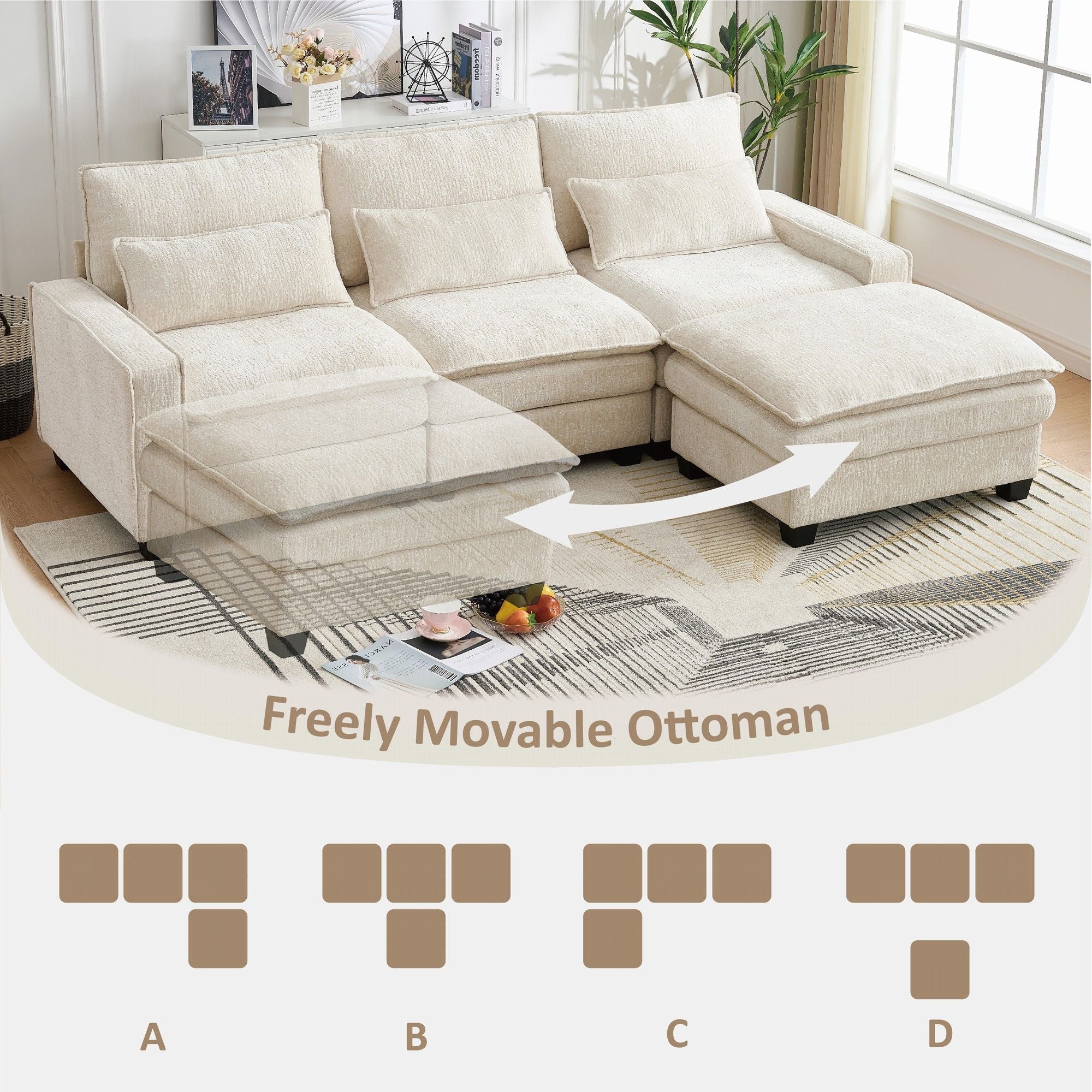 Modern Comfy L Shaped Sectional Sofa With Movable Ottoman