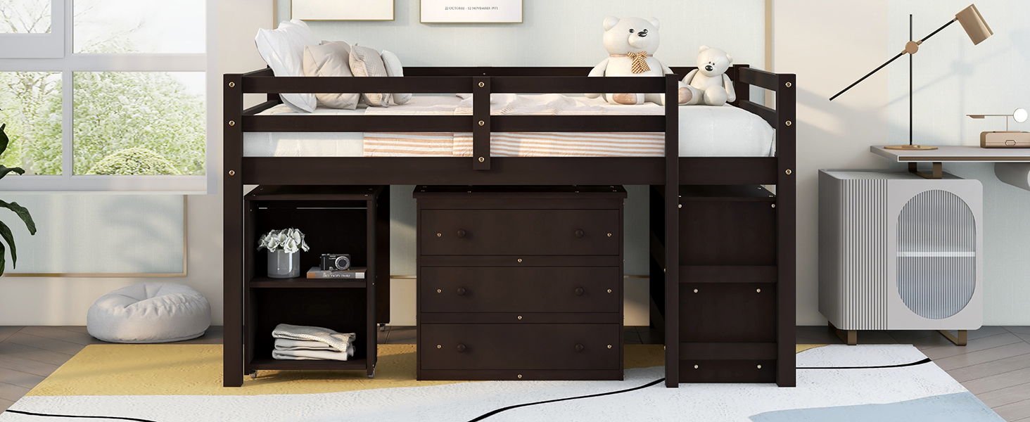 Loft Low Study Bed With Cabinet, Shelves And Rolling Portable Desk, Multiple Functions