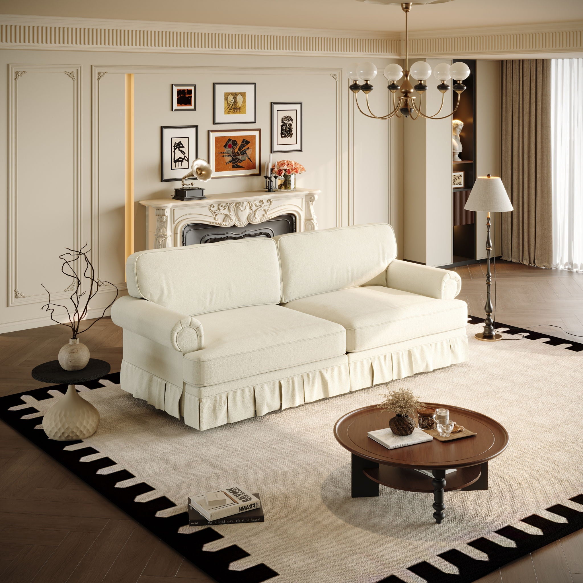 Luxuriously Comfortable Cloud Couch Sofa With Elegant Rolled Arms & Pleated Skirt Design