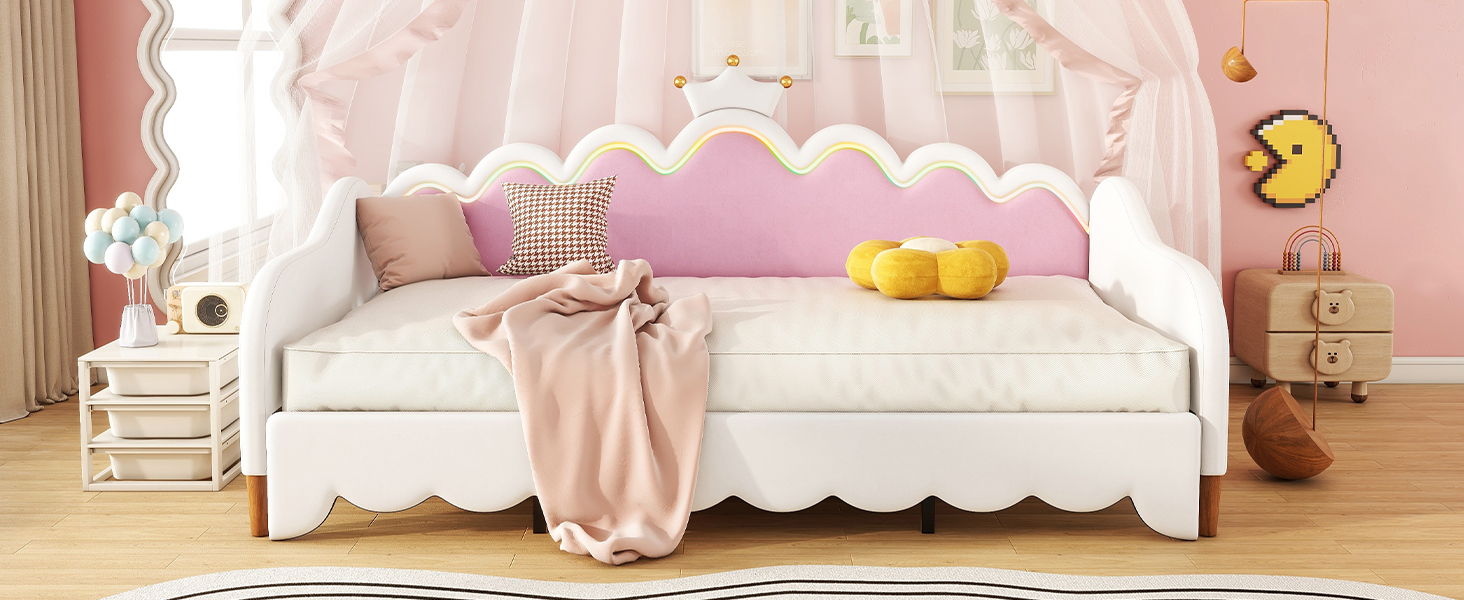 Extending Daybed With LED Lights, Modern Upholstered Princess Daybed With Crown Headboard