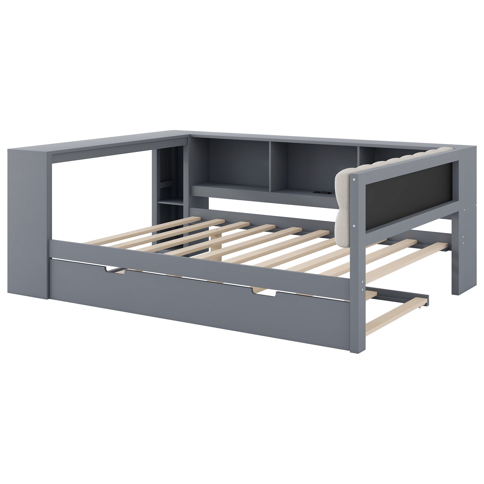 Upholstered Headboard Platform Bed With Storage Shelves, Trundle, Charging Station