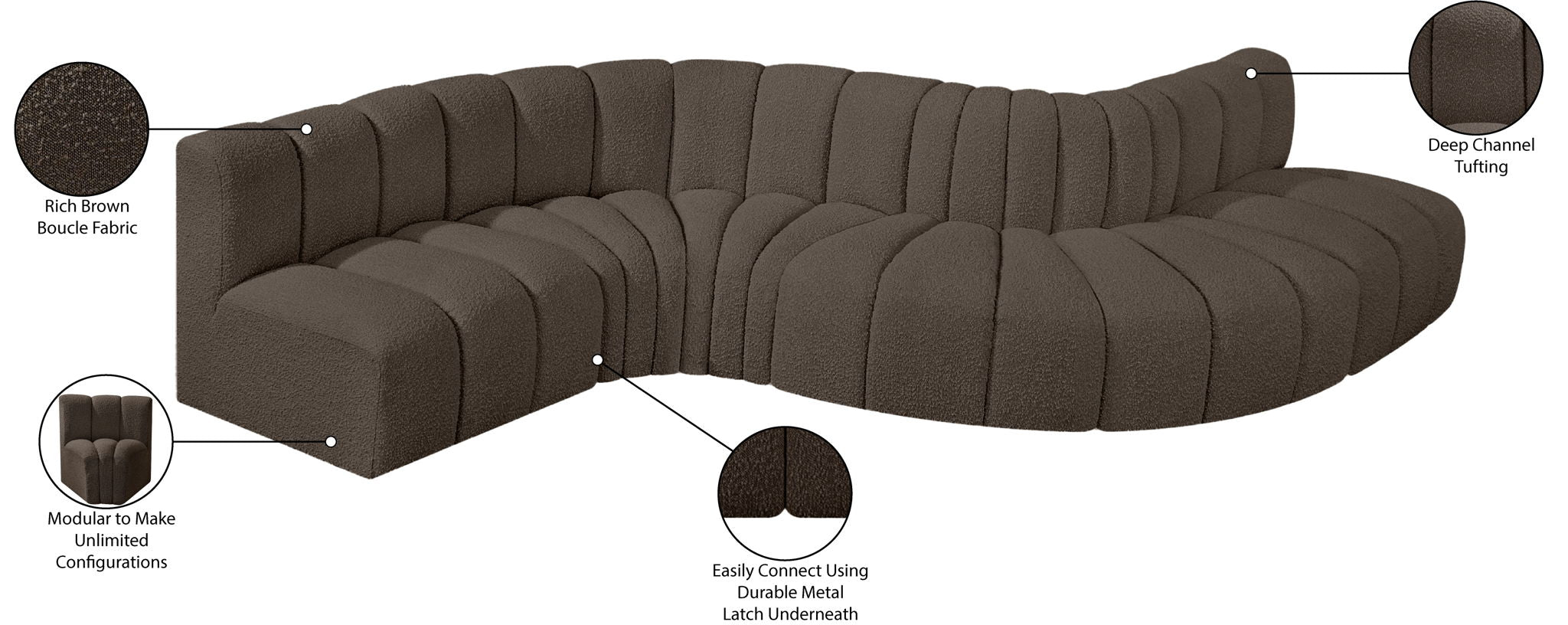 Arc - Boucle Fabric 6 Piece Curved Modular Sofa