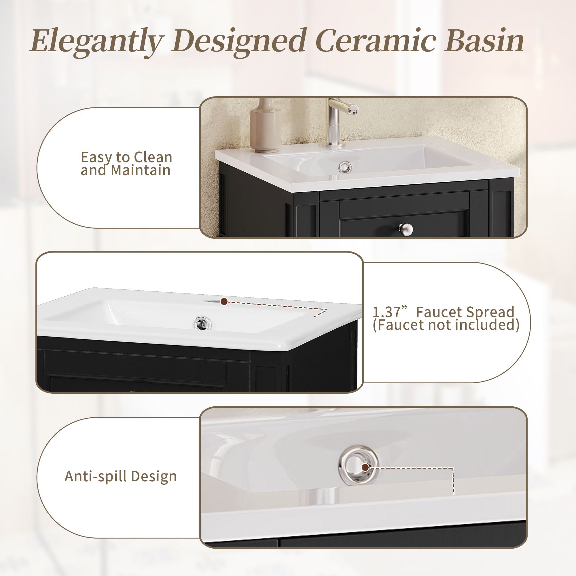 French Style Bathroom Vanity With Sink, Soft-Closing Door, Adjustable Shelf, Rectangular Design