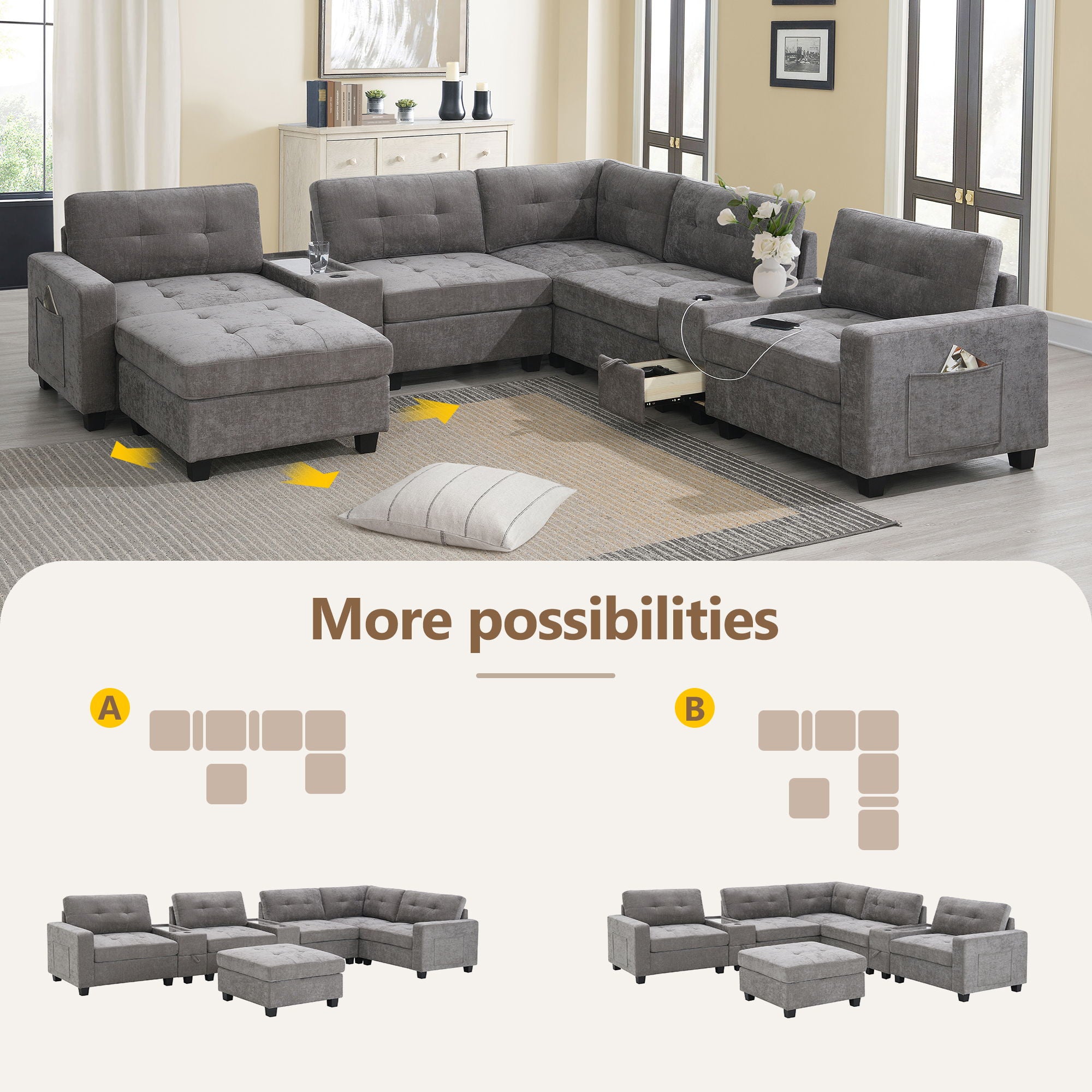 Sectional With Acrylic Table Top U Shaped Couch Set With 2 Consoles USB Charger, Storage Drawers And Pockets Movable Ottoman Tufted Sofa