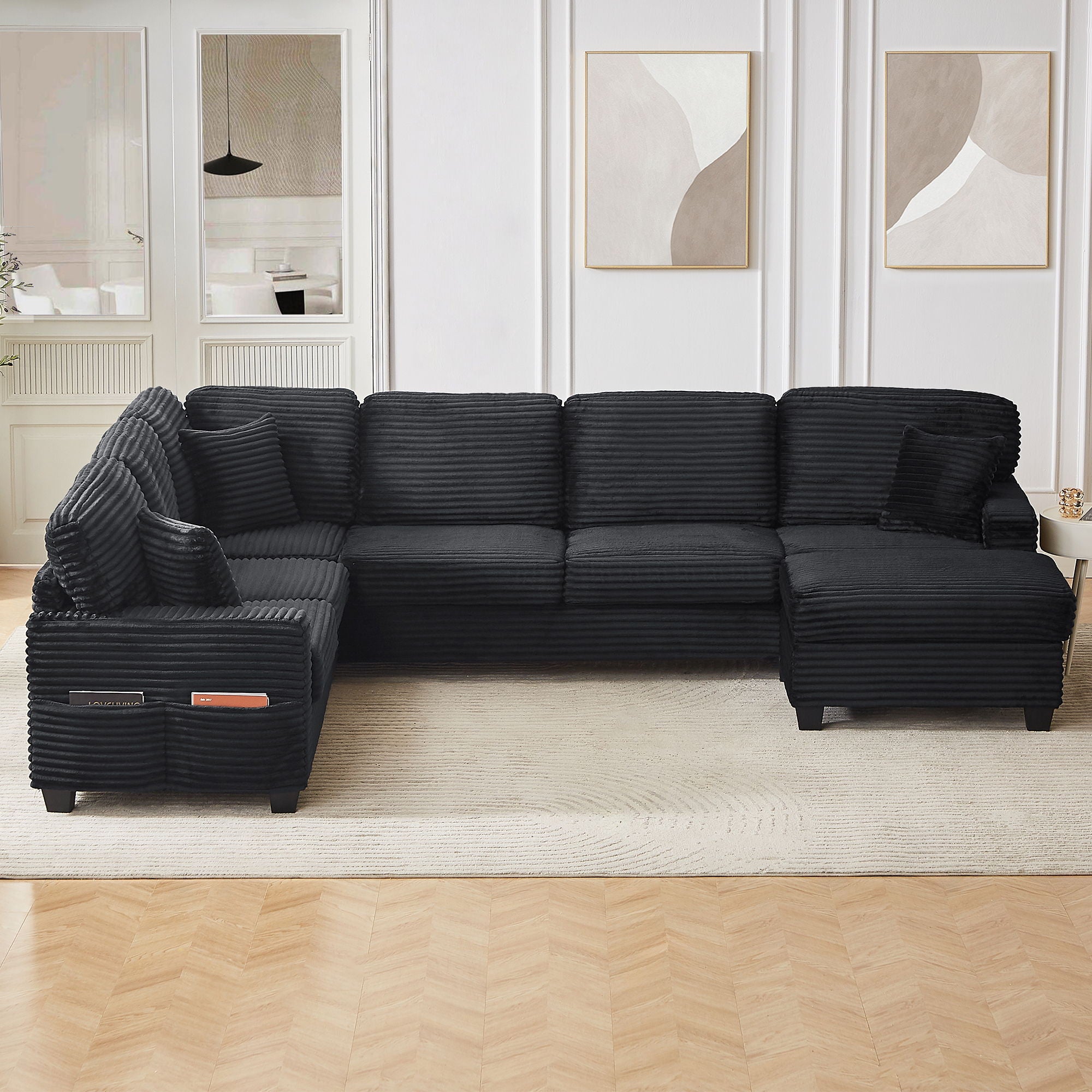 Upholstered U-Shaped Sectional Sofa With Movable Ottoman And Side Storage Pockets