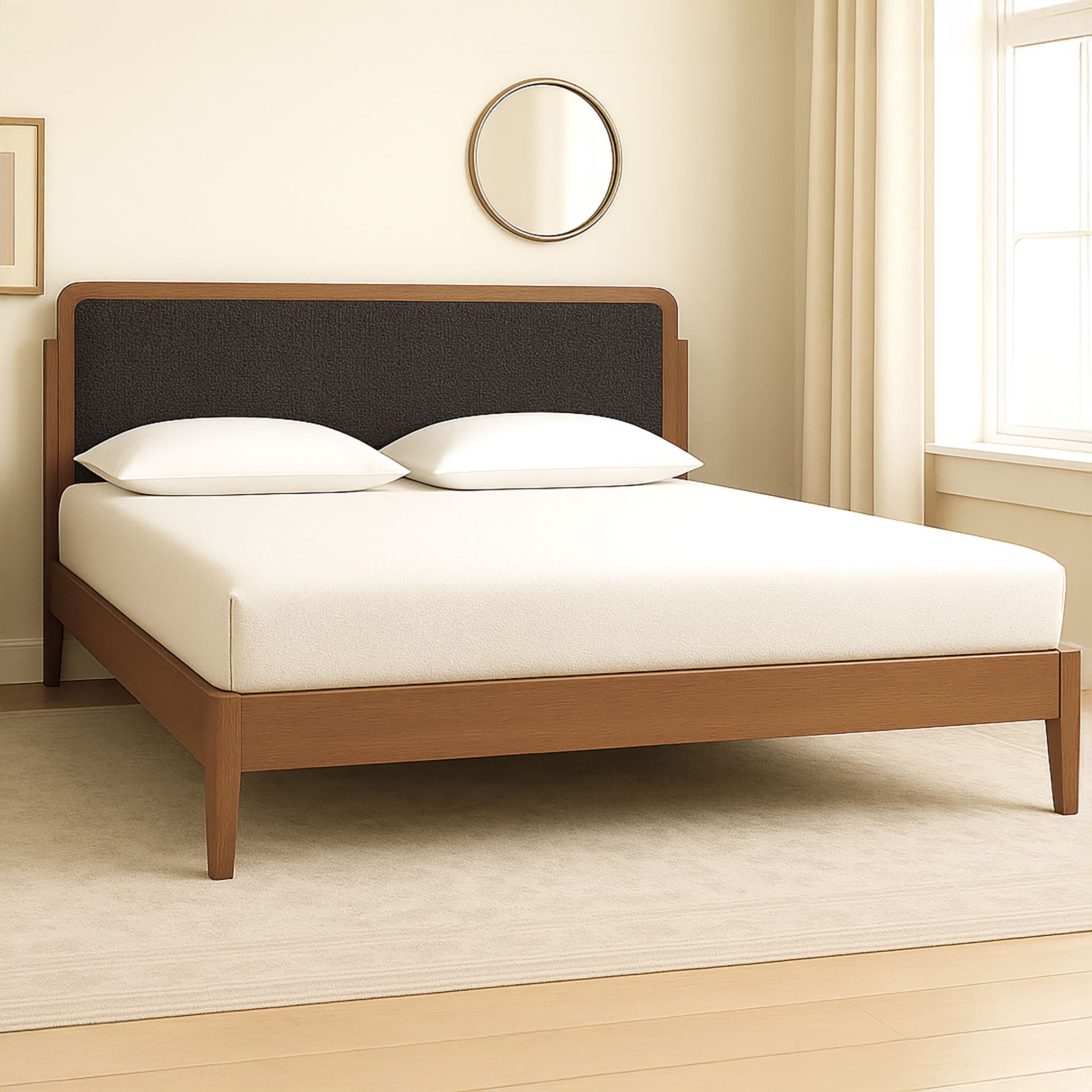Hawthorne - 5/0 Queen Platform Bed With Chair arcoal Upholstered Headboard - Brown