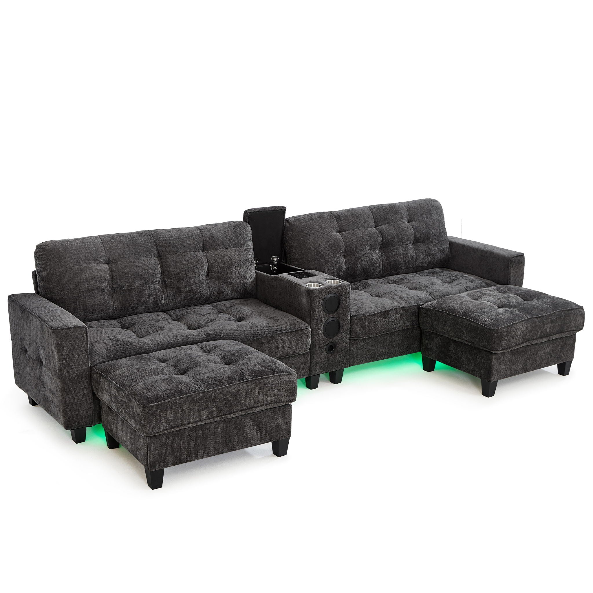 Modern Sectional Sofa U-Shaped With Movable Ottomans, tooth Speakers, LED Lights And Modular Storage